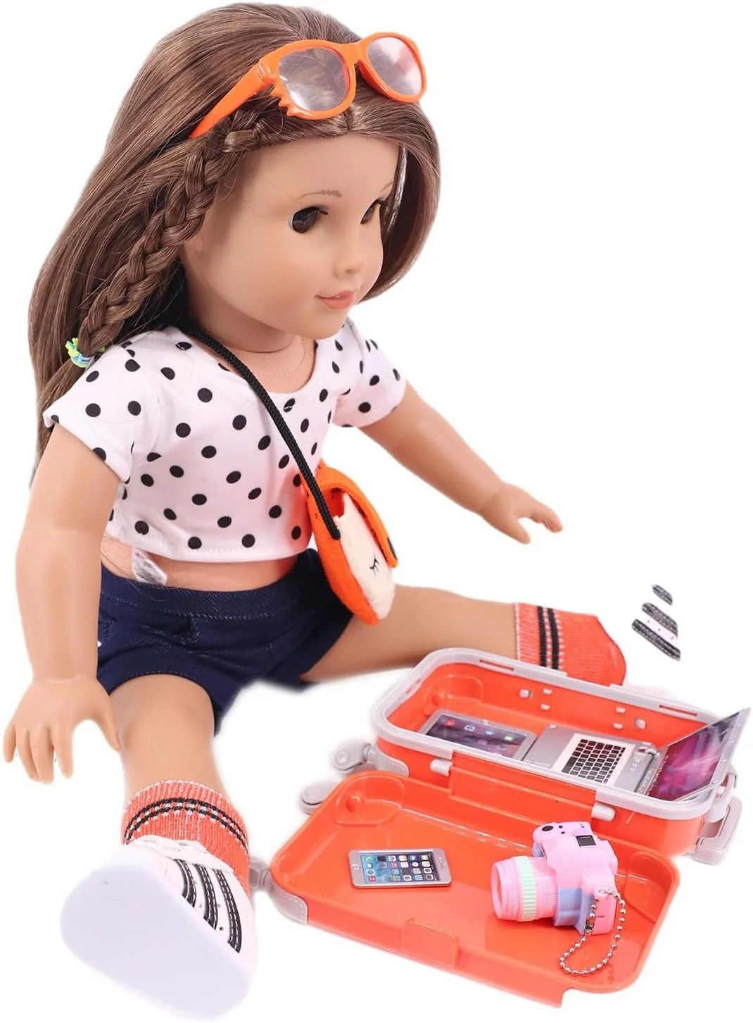 ست اسباب بازی چمدان مسافرتی 18 اینچی Sunportzida به همراه لباس عروسک شامل کفش، جوراب، عینک آفتابی، دوربین، کامپیوتر، لپ تاپ، تبلت، تلفن و کیف