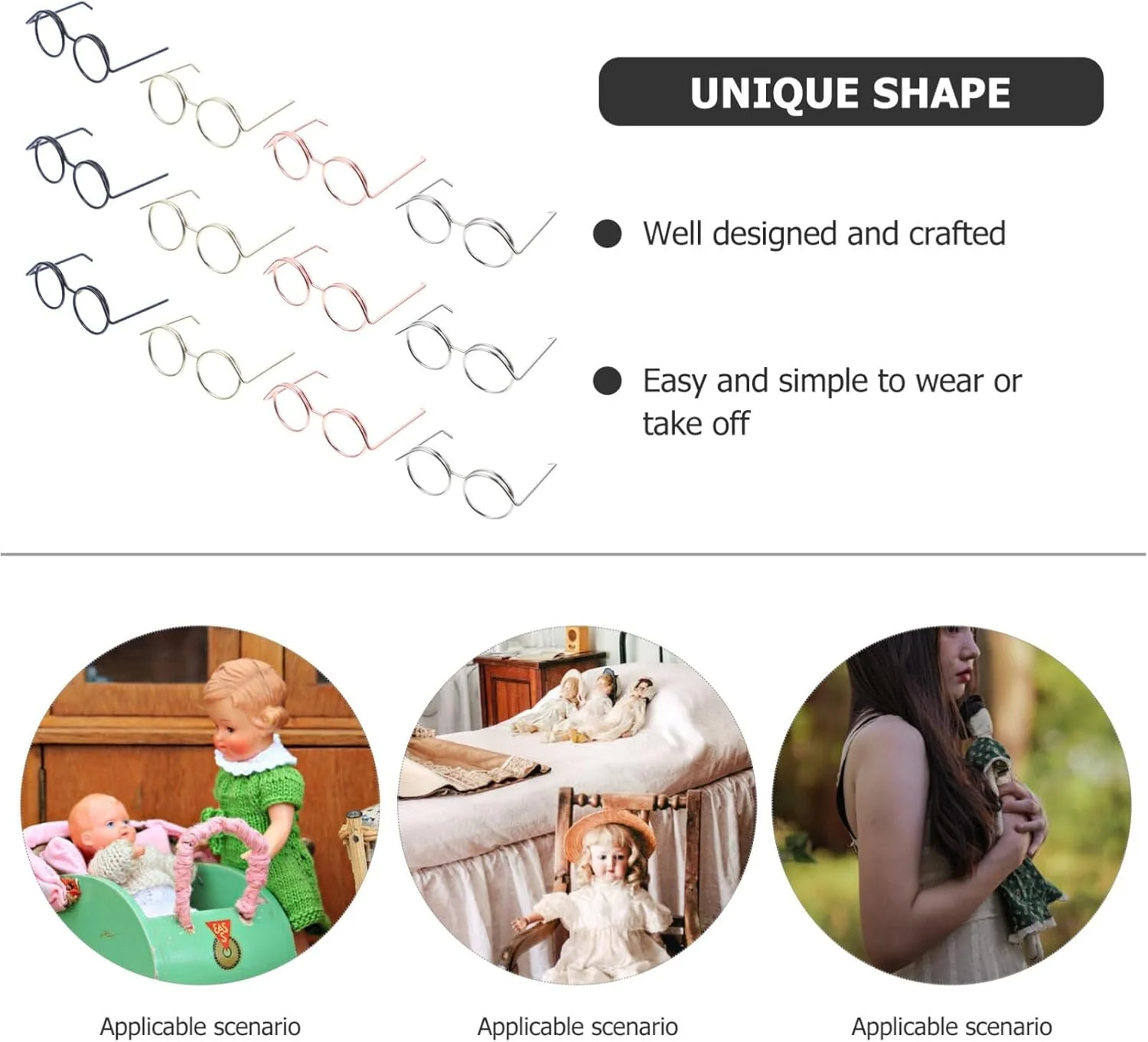 NUOBESTY 20 عدد عینک مینیاتوری عروسک، فریم فلزی، لنز شفاف، عینک پارچه ای برای لباس پوشیدن عروسک، لوازم جانبی لباس عروسک برای کاردستی های DIY