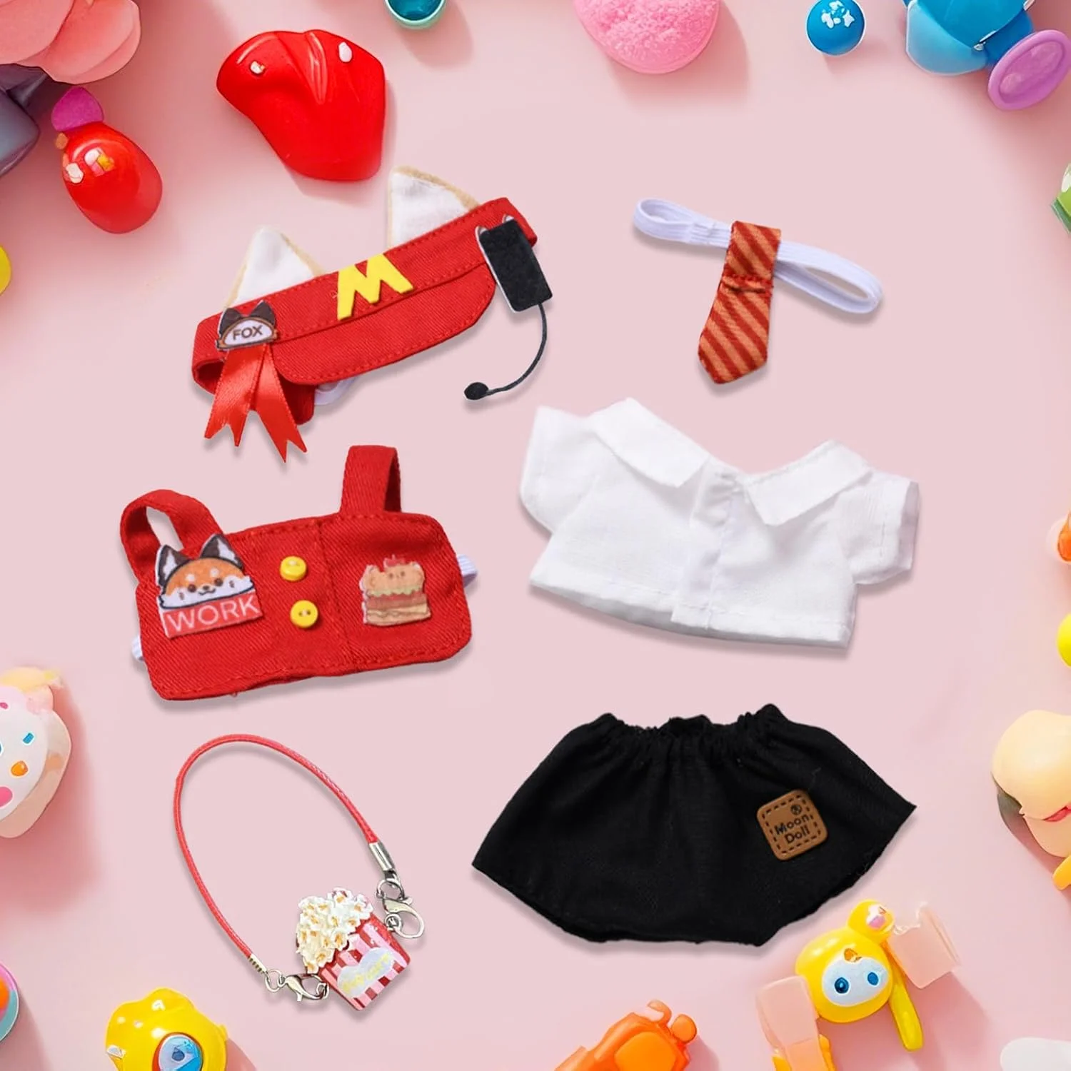 ست لباس پیشخدمت عروسکی FUNI، 6 تکه لوازم جانبی لباس برای عروسک های 17 سانتی متری، لباس قرمز با کلاه، تاپ، جلیقه، کراوات، شلوار و کیسه پاپ کورن، راحت و کشسان، پوشیدن آسان، هدیه ای عالی برای دختران، کودکان و...