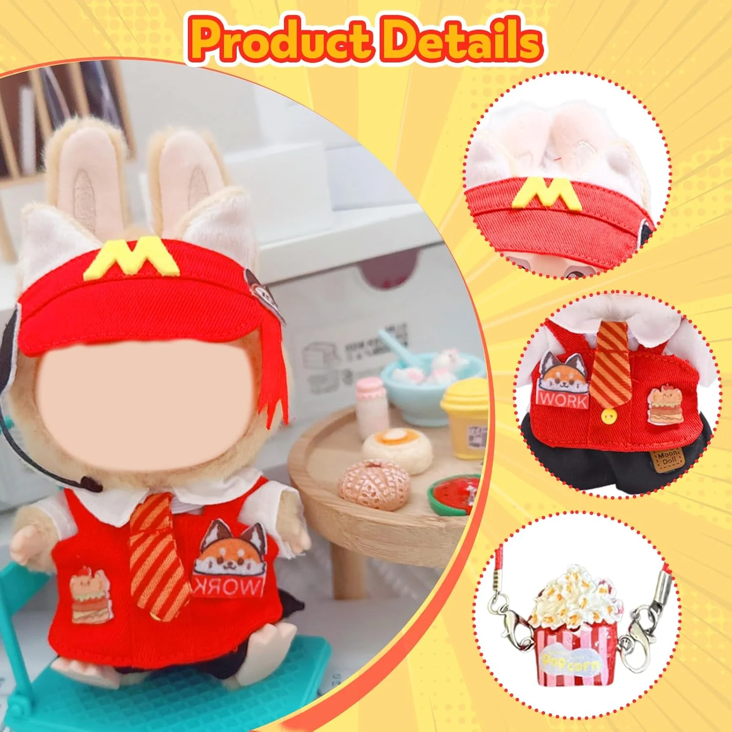 ست لباس پیشخدمت عروسکی FUNI، 6 تکه لوازم جانبی لباس برای عروسک های 17 سانتی متری، لباس قرمز با کلاه، تاپ، جلیقه، کراوات، شلوار و کیسه پاپ کورن، راحت و کشسان، پوشیدن آسان، هدیه ای عالی برای دختران، کودکان و...