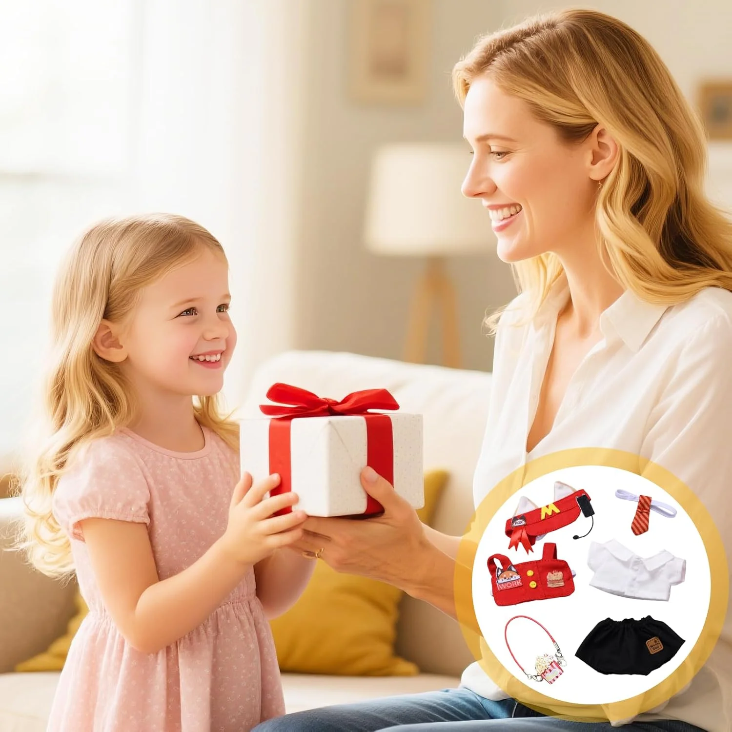 ست لباس پیشخدمت عروسکی FUNI، 6 تکه لوازم جانبی لباس برای عروسک های 17 سانتی متری، لباس قرمز با کلاه، تاپ، جلیقه، کراوات، شلوار و کیسه پاپ کورن، راحت و کشسان، پوشیدن آسان، هدیه ای عالی برای دختران، کودکان و...