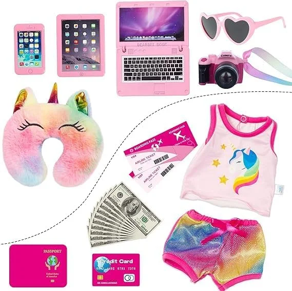 لباس و لوازم جانبی عروسک 18 اینچی آمریکایی - چمدان، بالش، عینک آفتابی، دوربین، پاسپورت، تلفن همراه، ست بازی وسایل مسافرتی عروسک کامپیوتر مناسب عروسک 18 اینچی WZB3109-5