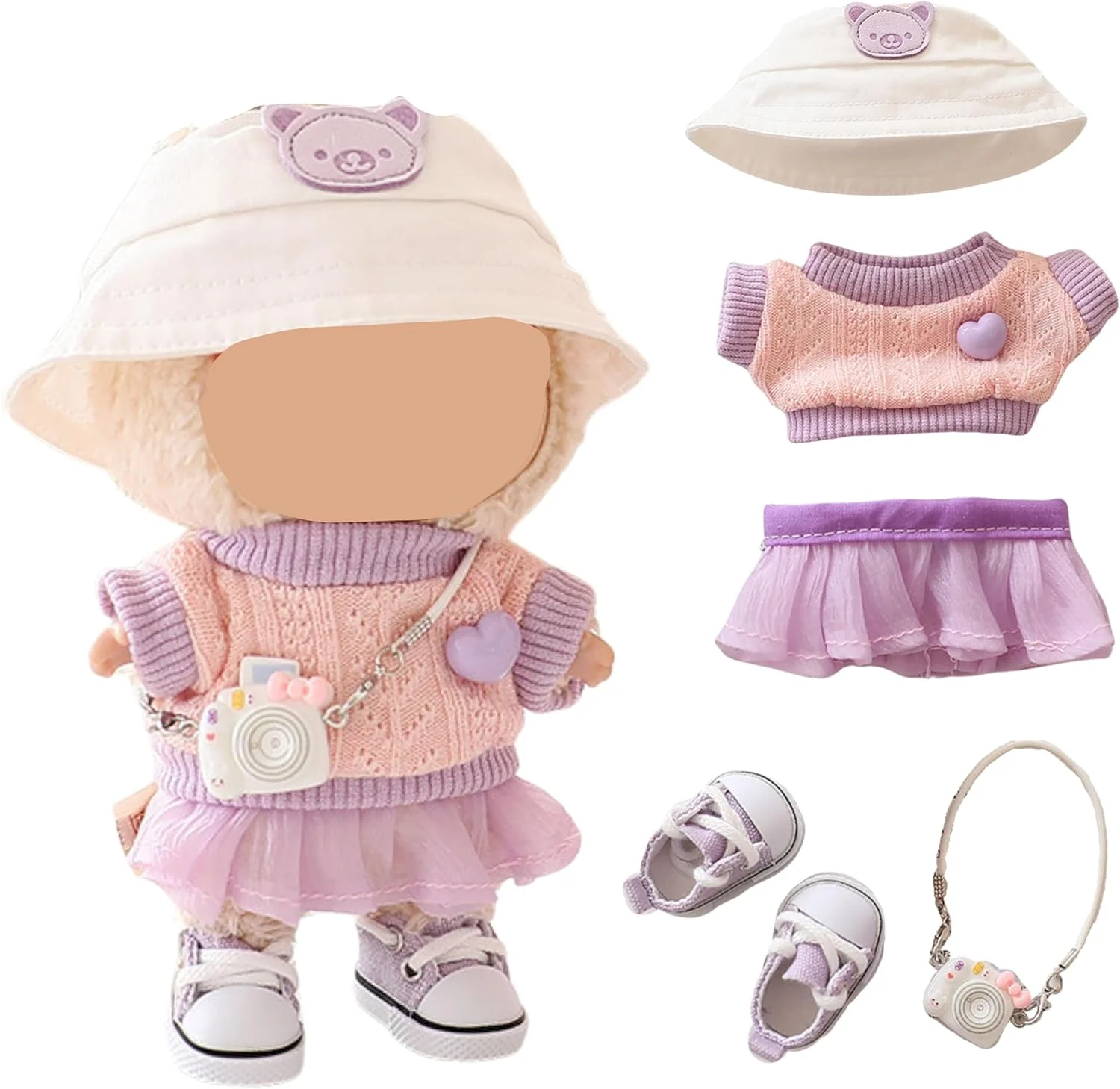 ست لباس عروسک FUNI، شامل ژاکت بافتنی و دامن توری با کلاه، کفش و لوازم جانبی دوربین، مناسب برای عروسک های 17 سانتی متری نسل 1/2/3، مد زمستانی فوق العاده نرم، لباس آماده نمایش برای کلکسیونرها، صورتی و بنفش