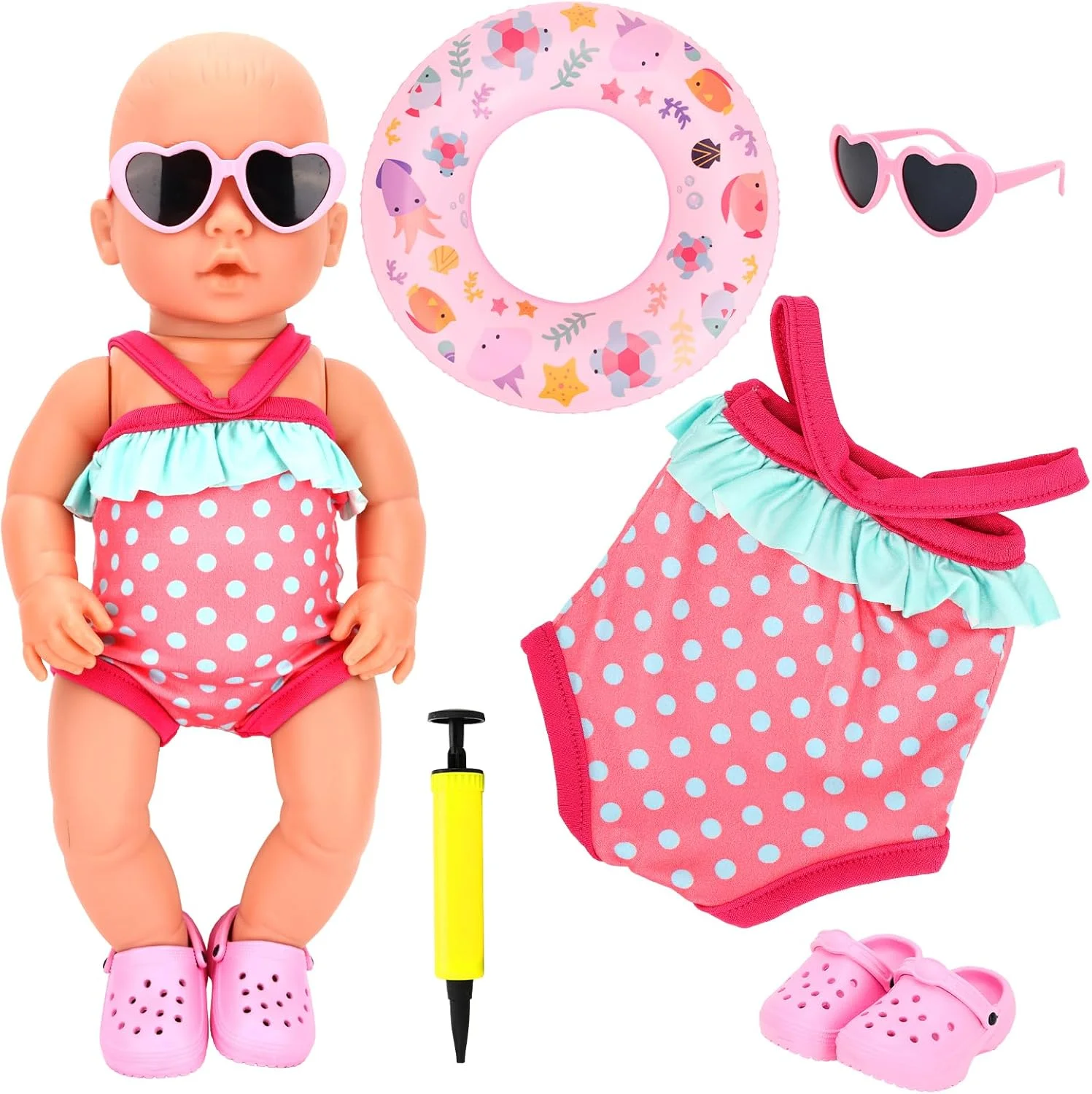 ست لباس و لوازم جانبی تابستانی عروسک بچه شامل 5 تکه برای عروسک های 14-16 اینچی، شامل 1 مایو، 1 حلقه شنا، 1 جفت کفش، 1 عینک آفتابی برای ست ساحلی تابستانی عروسک