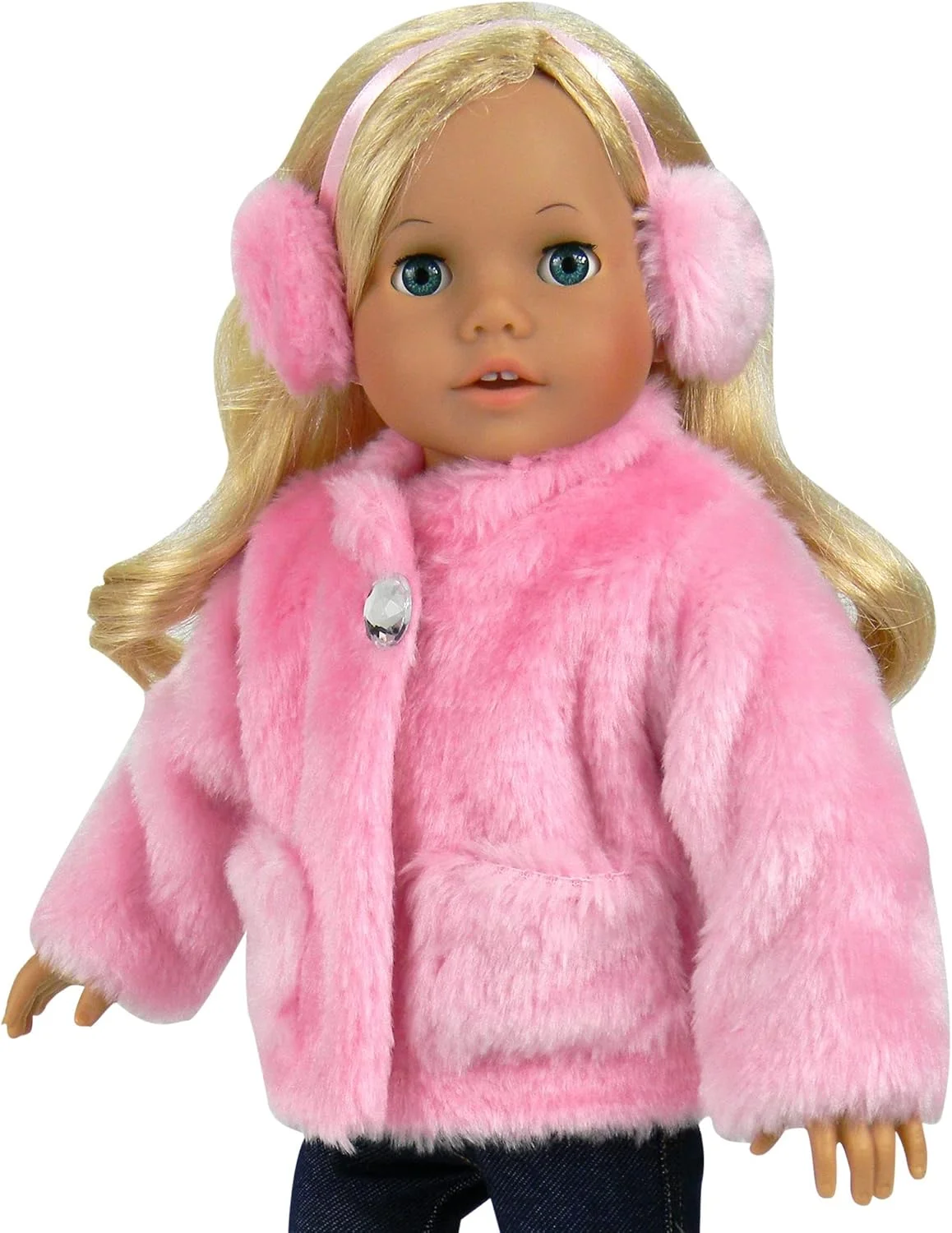 کت خز صورتی و هدبند/گوش گیر عروسک 18 اینچی سوفیا، مناسب برای عروسک های 18 اینچی امریکن گرل و غیره، کت خز جواهر دار صورتی و هدبند/گوش گیر