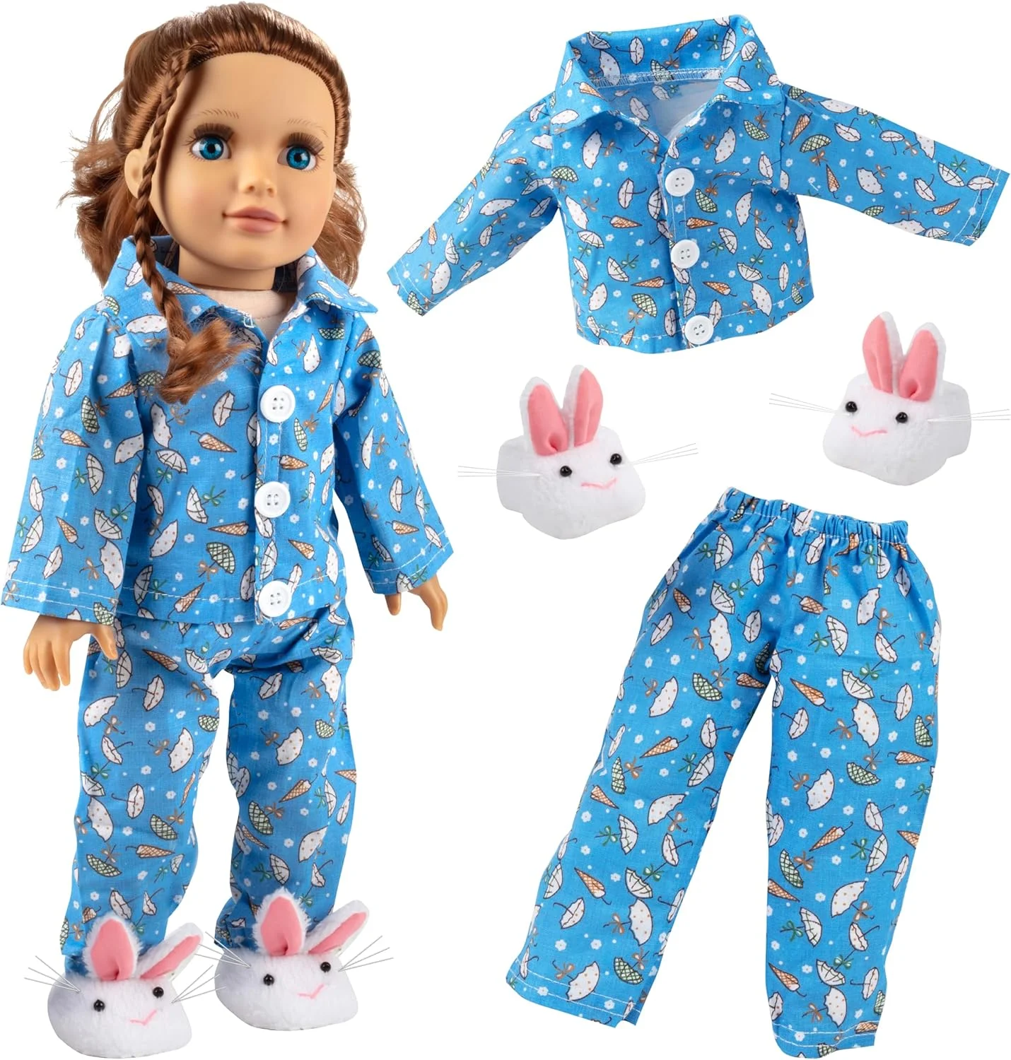 لباس خواب آبی عروسکی Dress Along Dolly - ست روز بارانی با لباس دمپایی خرگوشی - ست 3 تکه