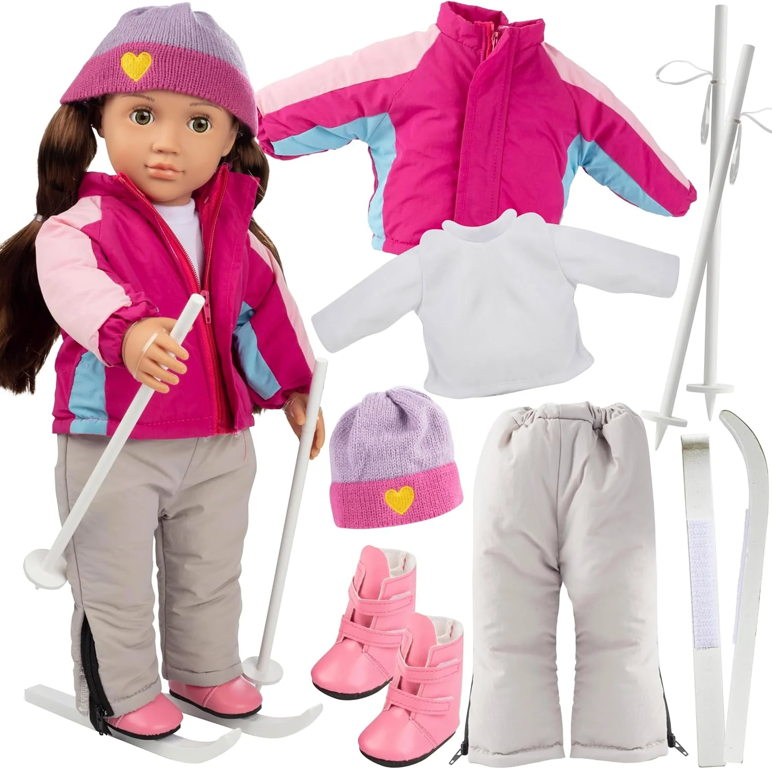 لباس اسکی عروسک Dress Along Dolly برای عروسک های امریکن گرل - ست لباس اسکی (شامل پیراهن، کلاه، شلوار اسکی، ژاکت اسکی، چکمه، باتوم و اسکی های جداشدنی)