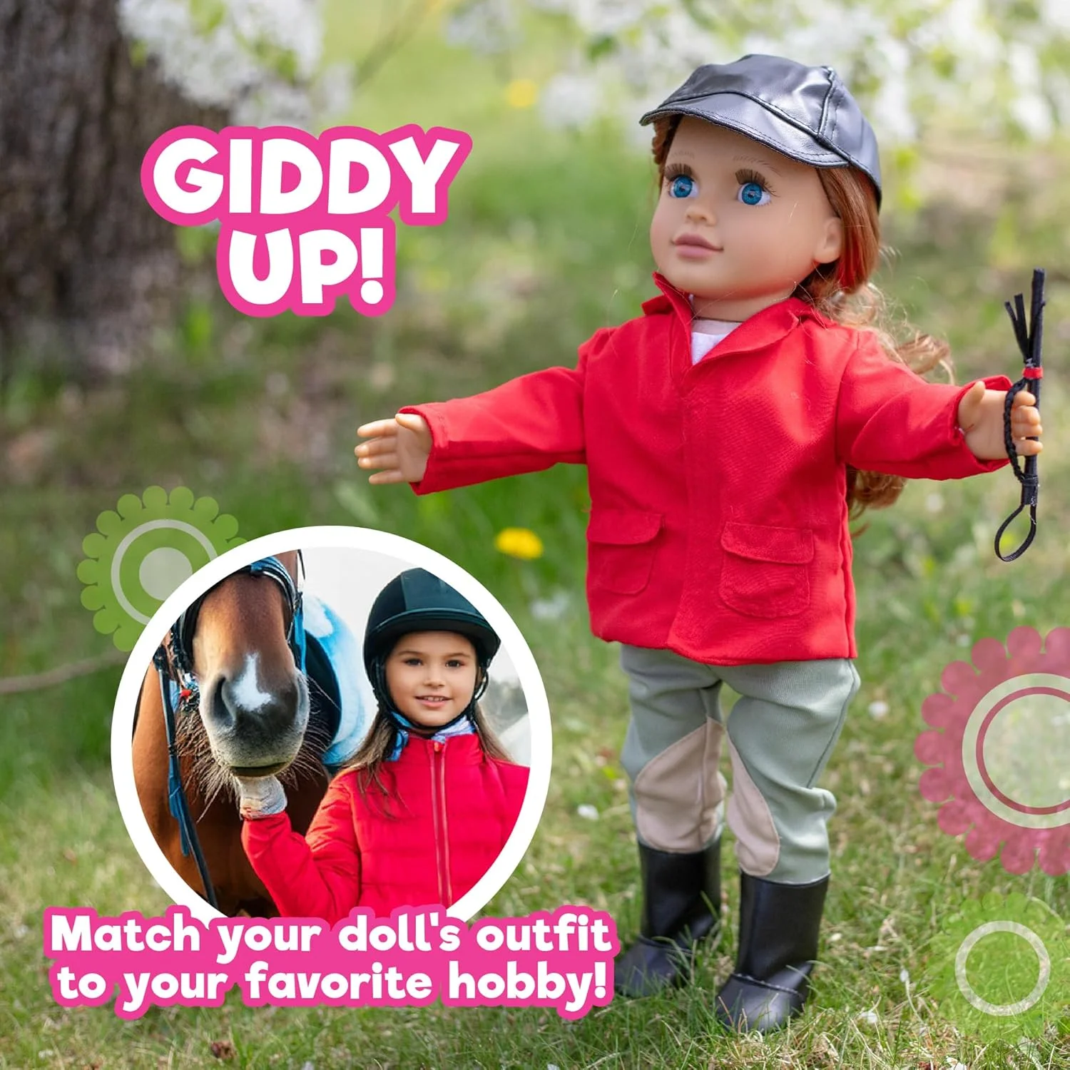 ست لباس سوارکاری Dress Along Dolly - لباس برای عروسک های امریکن گرل (شامل کلاه سوارکاری، پیراهن، ژاکت، شلوار، چکمه و شلاق)