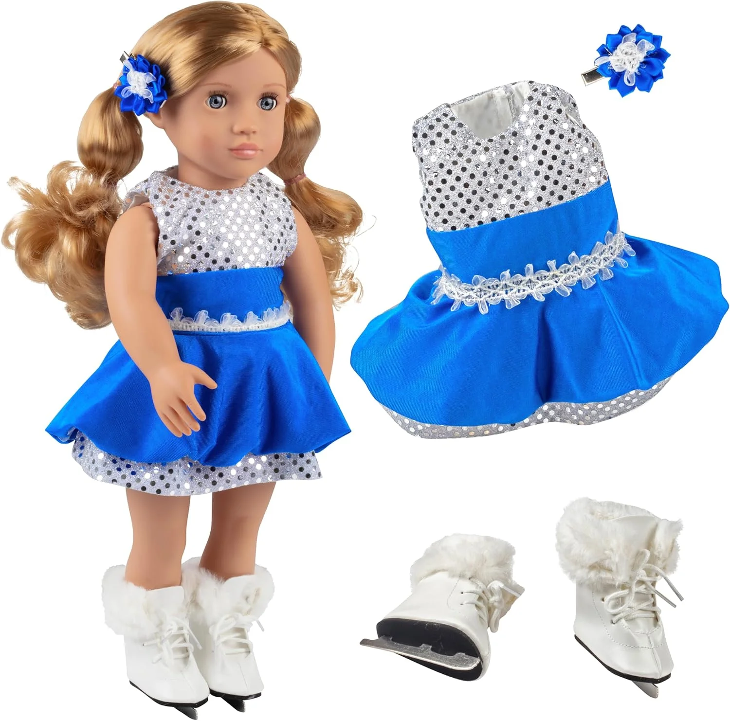 لباس اسکیت روی یخ Dress Along Dolly - لباس اسکیت باز آبی براق، اسکیت های یخی، گیره مو - لباس عروسک برای عروسک های 18 اینچی - ورزش های زمستانی