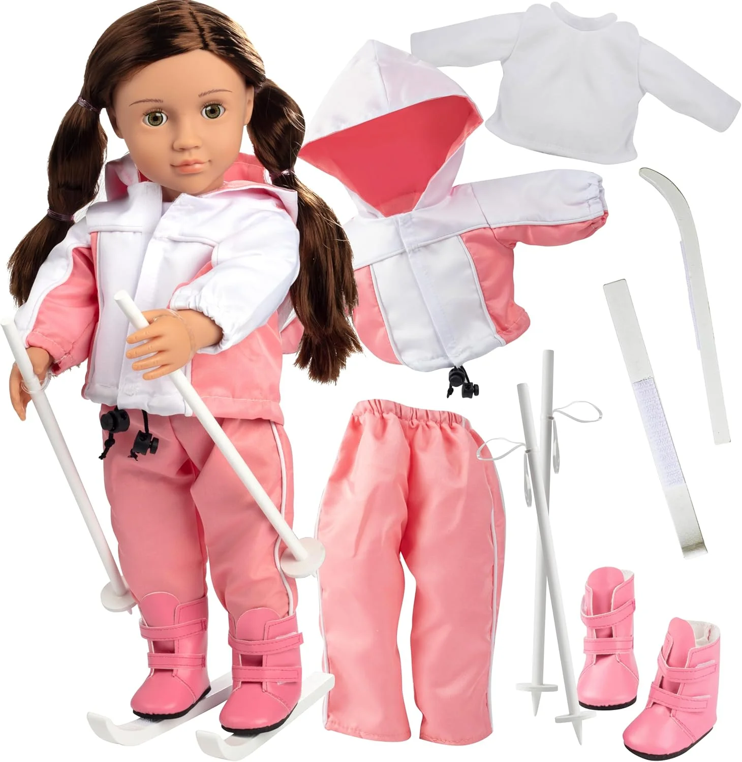 لباس اسکی عروسک Dress Along Dolly برای عروسک های 18 اینچی - ست لباس آماده اسکی (شامل پیراهن، شلوار، ژاکت، چکمه، باتوم و اسکی)