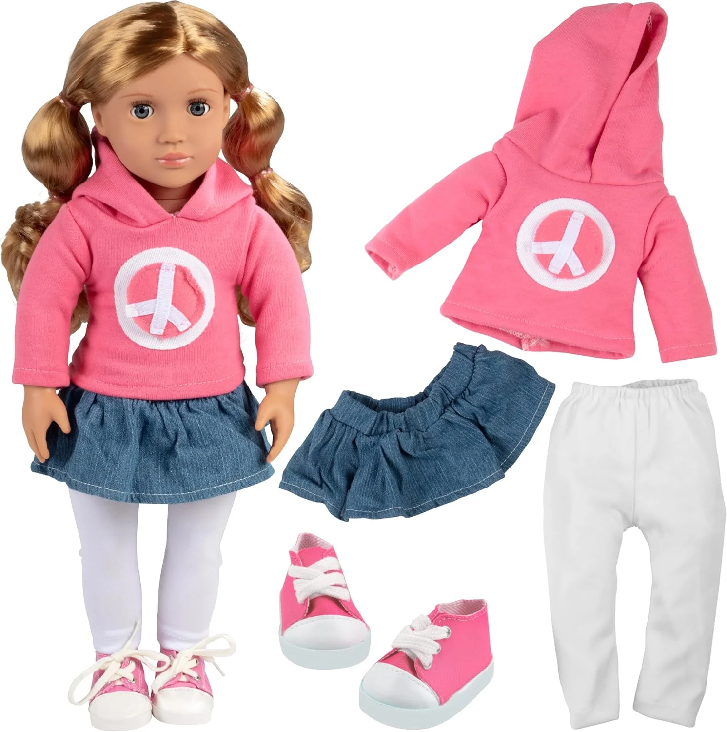 لباس عروسک صلح Dress Along Dolly برای عروسک های امریکن گرل - ست 4 تکه (شامل دامن، سویشرت، لگ و کفش ورزشی)