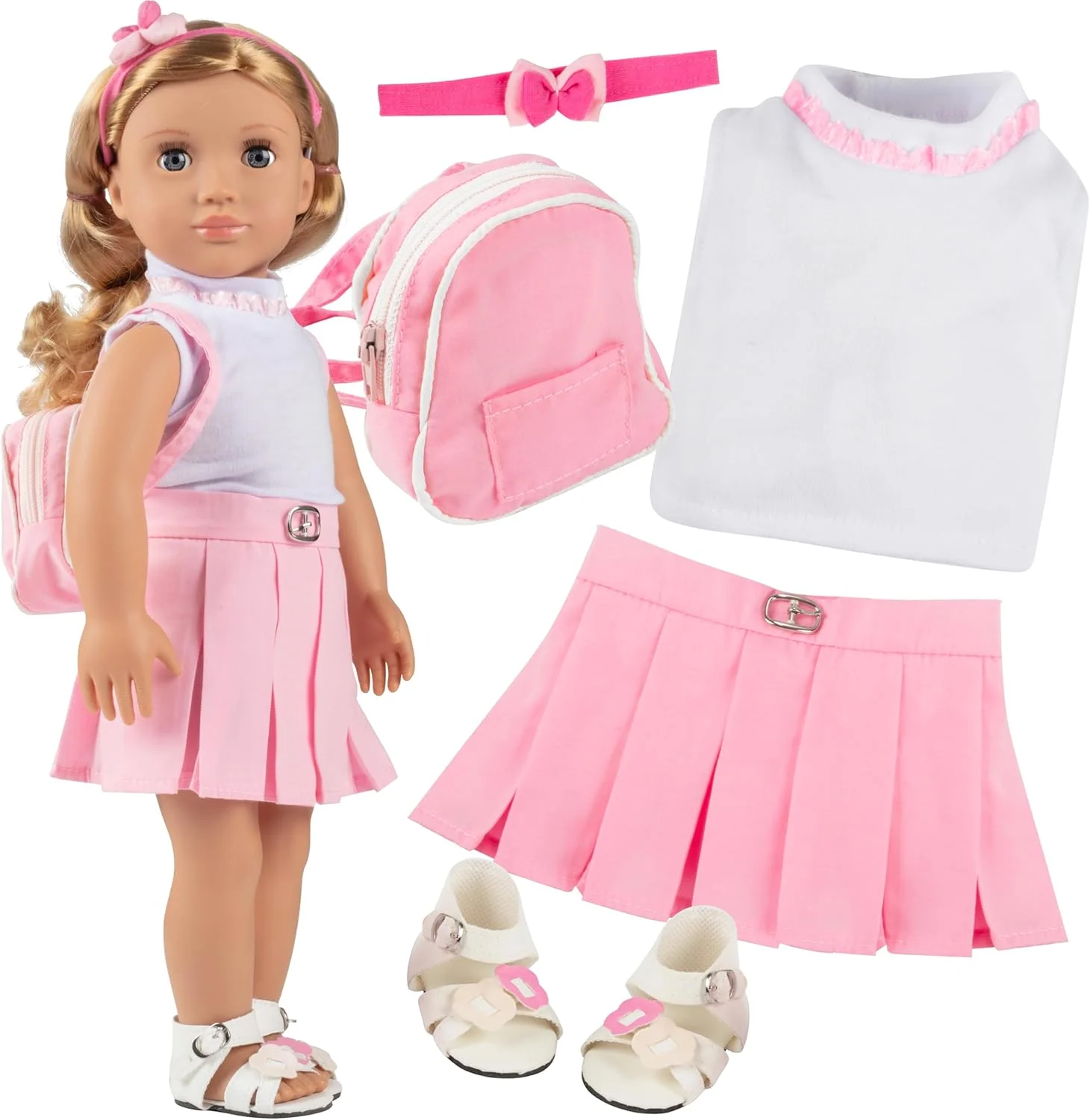 ست لباس مدرسه 5 تکه غیر رسمی Dress Along Dolly با کوله پشتی صورتی - ست لباس و لوازم جانبی 18 اینچی عروسک شامل پیراهن، دامن، کفش، کوله پشتی و هدبند - ست هدیه تعطیلات عالی برای دختران با قیمت کمتر
