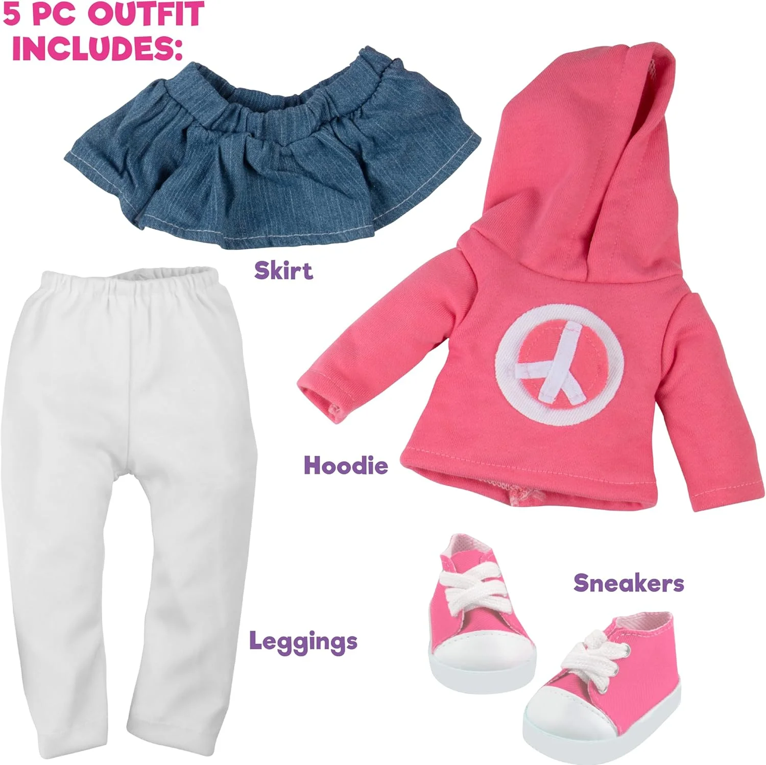 لباس عروسک صلح Dress Along Dolly برای عروسک های امریکن گرل - ست 4 تکه (شامل دامن، سویشرت، لگ و کفش ورزشی)
