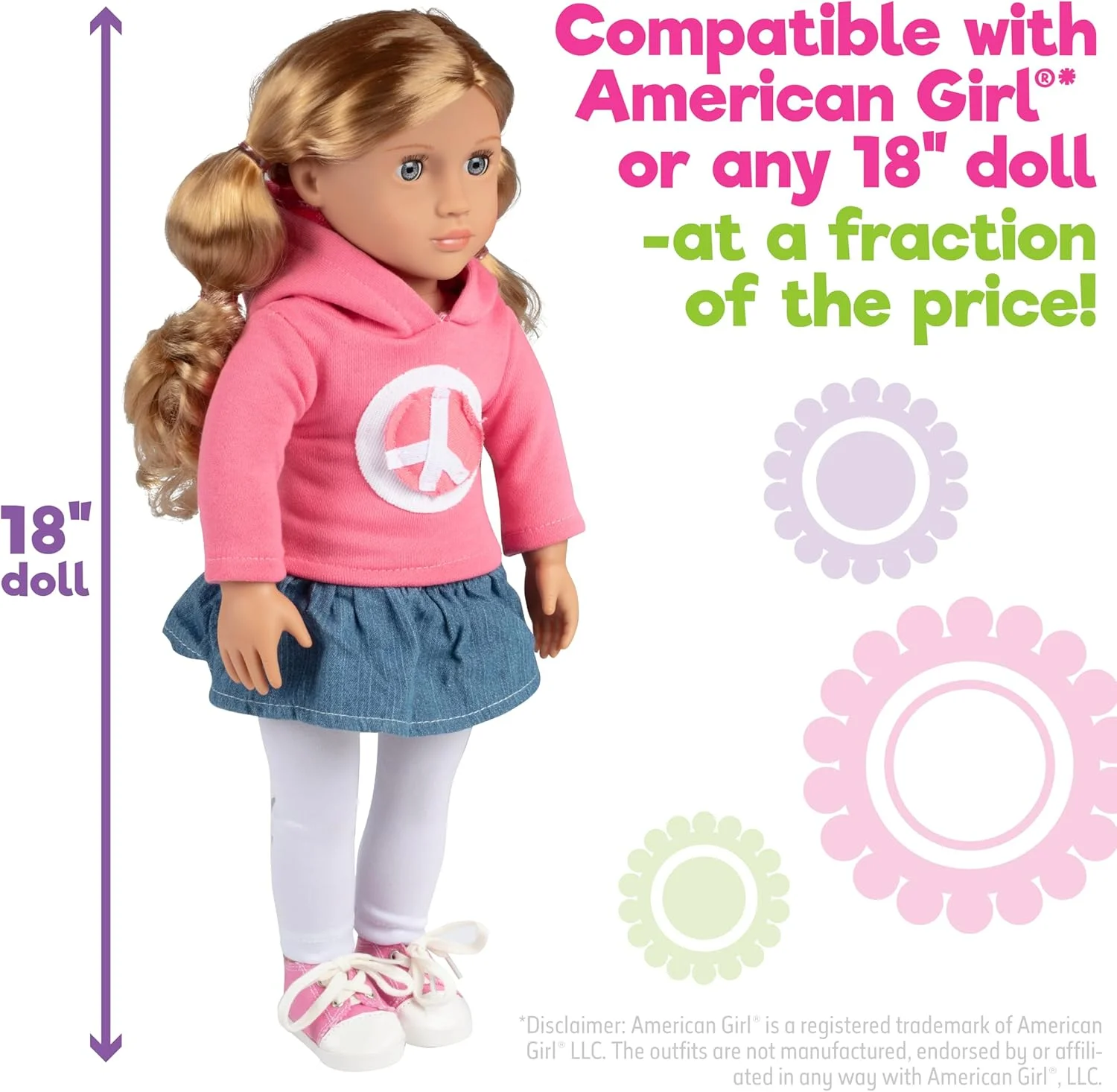 لباس عروسک صلح Dress Along Dolly برای عروسک های امریکن گرل - ست 4 تکه (شامل دامن، سویشرت، لگ و کفش ورزشی)