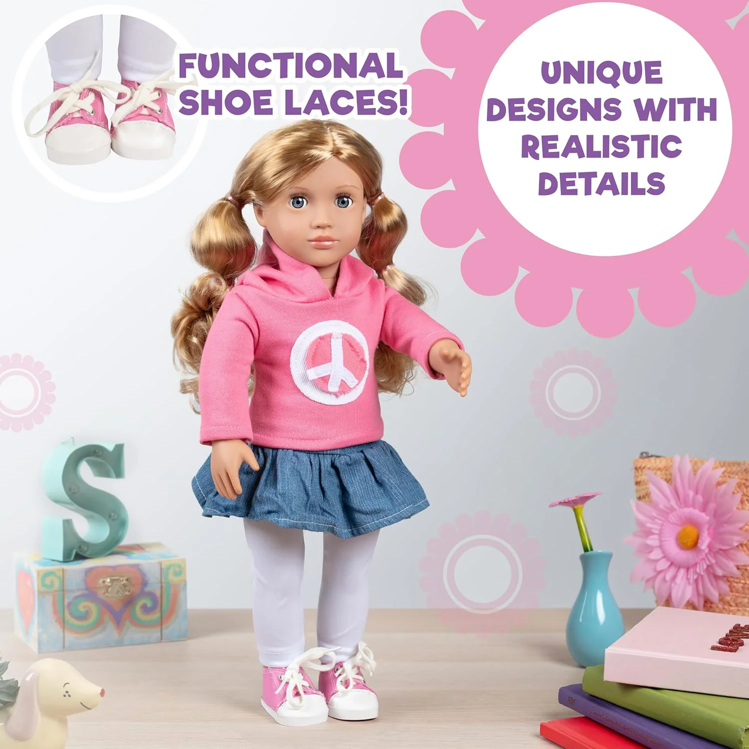 لباس عروسک صلح Dress Along Dolly برای عروسک های امریکن گرل - ست 4 تکه (شامل دامن، سویشرت، لگ و کفش ورزشی)