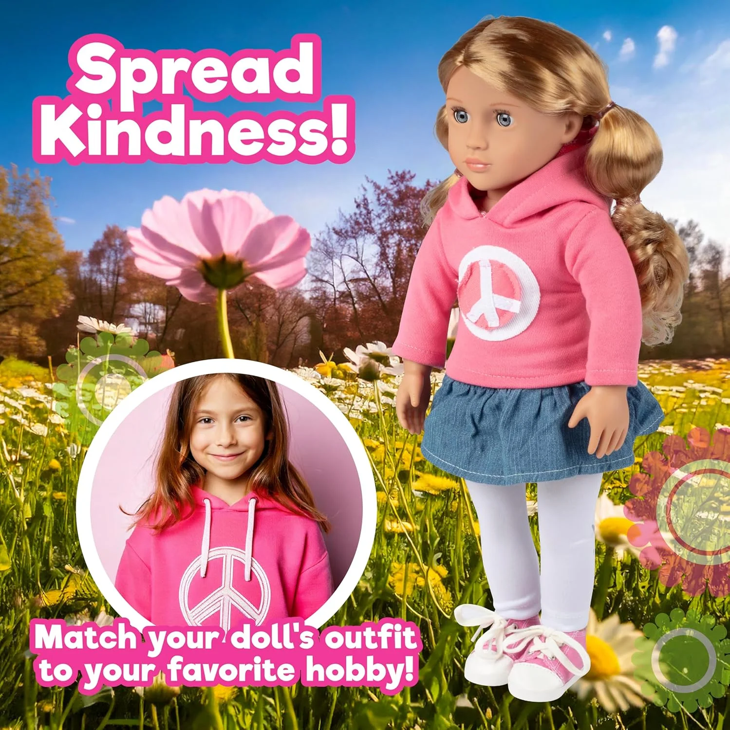 لباس عروسک صلح Dress Along Dolly برای عروسک های امریکن گرل - ست 4 تکه (شامل دامن، سویشرت، لگ و کفش ورزشی)