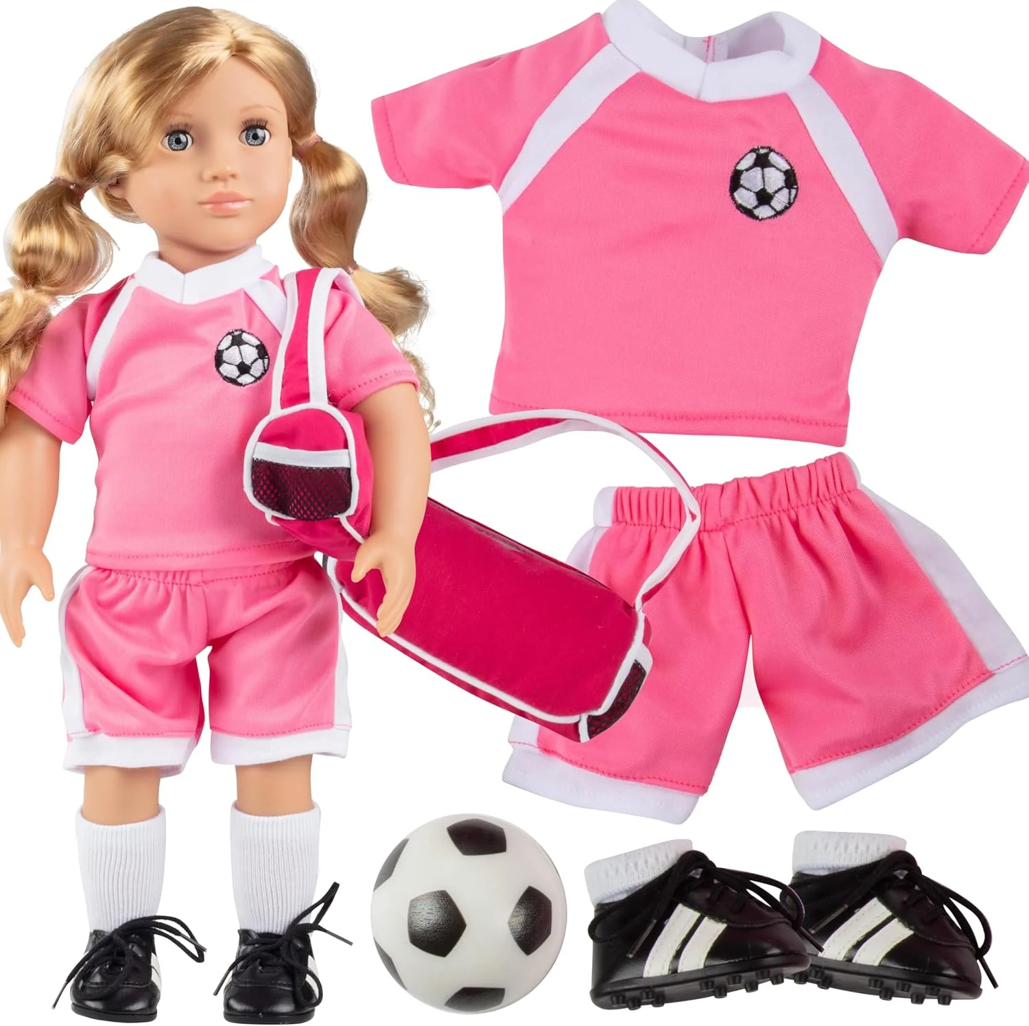 ست لباس فوتبال دالی برای عروسک های امریکن گرل و 18 اینچی - ست 6 تکه لباس شامل شورت، پیراهن، جوراب، استوک، کیف ورزشی و توپ ست لباس فوتبال دالی برای عروسک های امریکن گرل و 18 اینچی - ست 6 تکه لباس شامل شورت، پیراهن، جوراب، استوک، کیف ورزشی و توپ