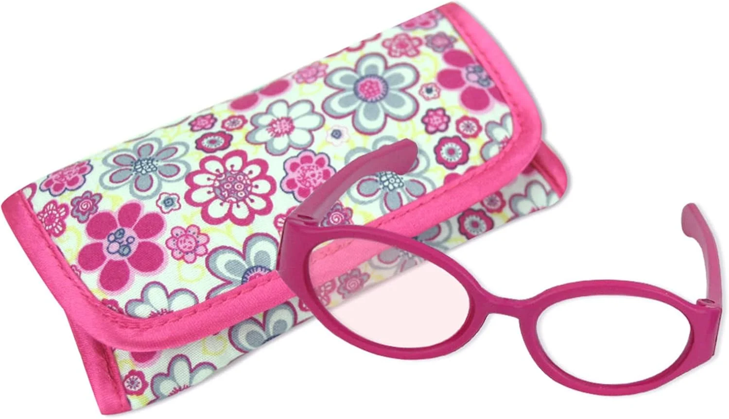 کیف عینک آفتابی صورتی رنگ 18 اینچی عروسک سوفیا، ست 2 تکه، مناسب برای لباس های عروسک های 18 اینچی امریکن گرل و موارد دیگر، کیف عینک با چاپ گلدار صورتی رنگ
