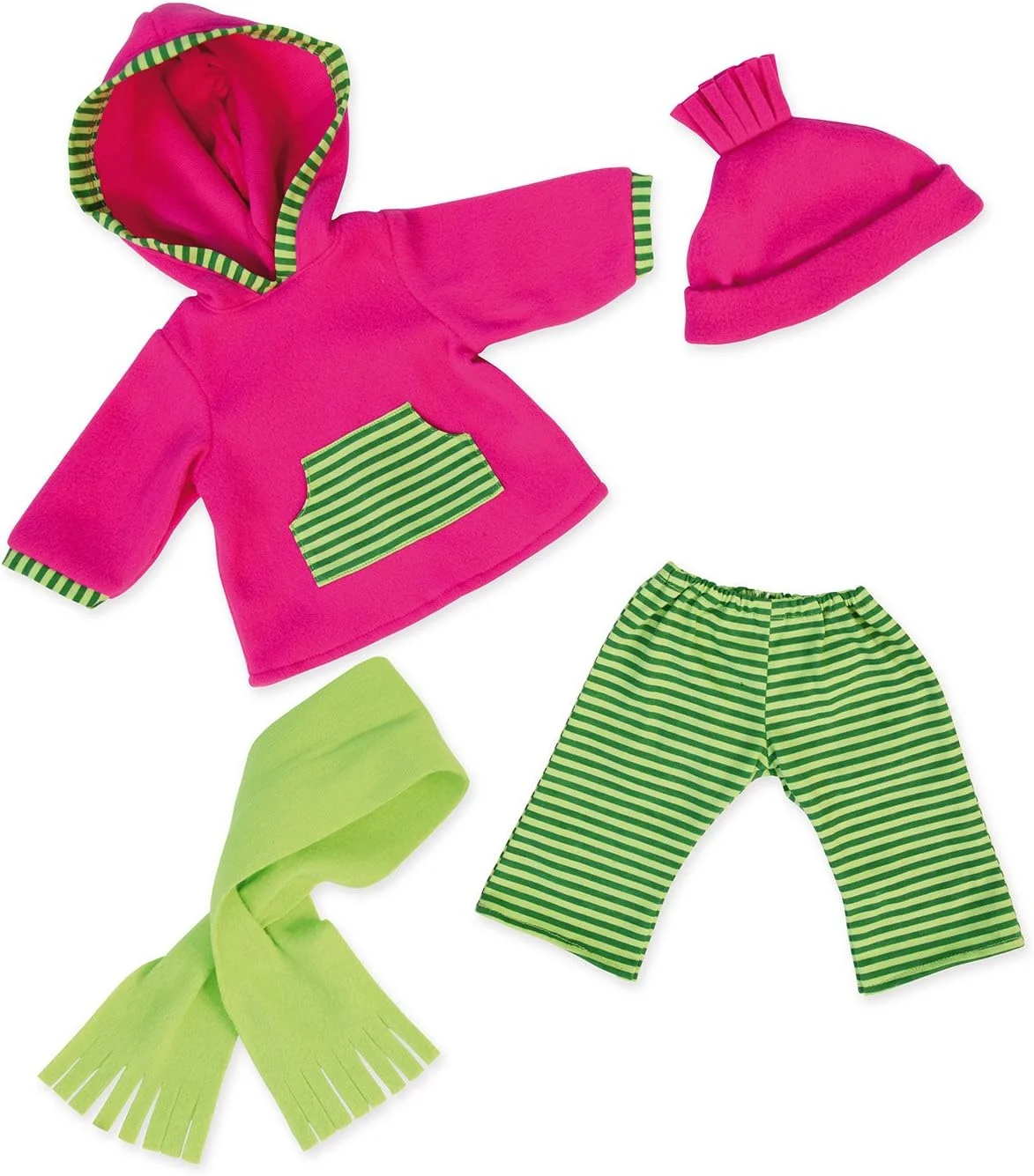 لباس عروسک بایِر دیزاین 41 تا 46 سانتی‌متری، ست زمستانی، هودی، شلوار، شال گردن، کلاه، لوازم جانبی