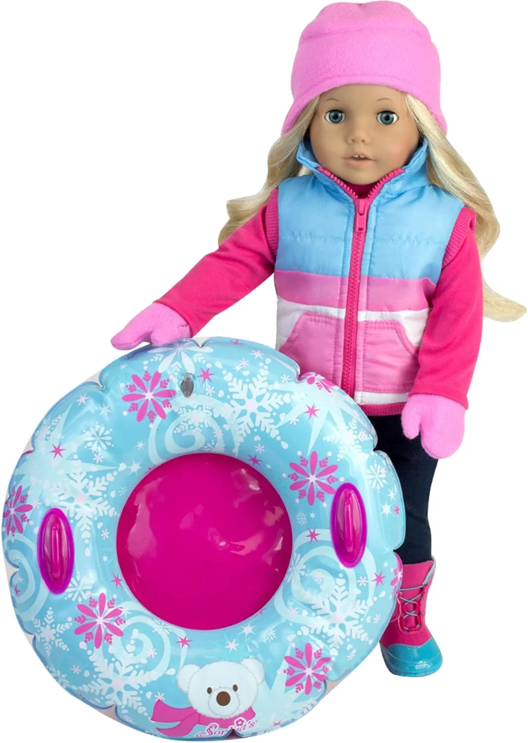 ست 4 تکه لوازم جانبی زمستانی لباس عروسک 18 اینچی سوفیا، ست تیوپ برفی شامل جلیقه، کلاه و دستکش! ایده آل برای عروسک های 18 اینچی امریکن گرل و غیره! جلیقه زمستانی، کلاه، دستکش و تیوپ برفی عروسک
