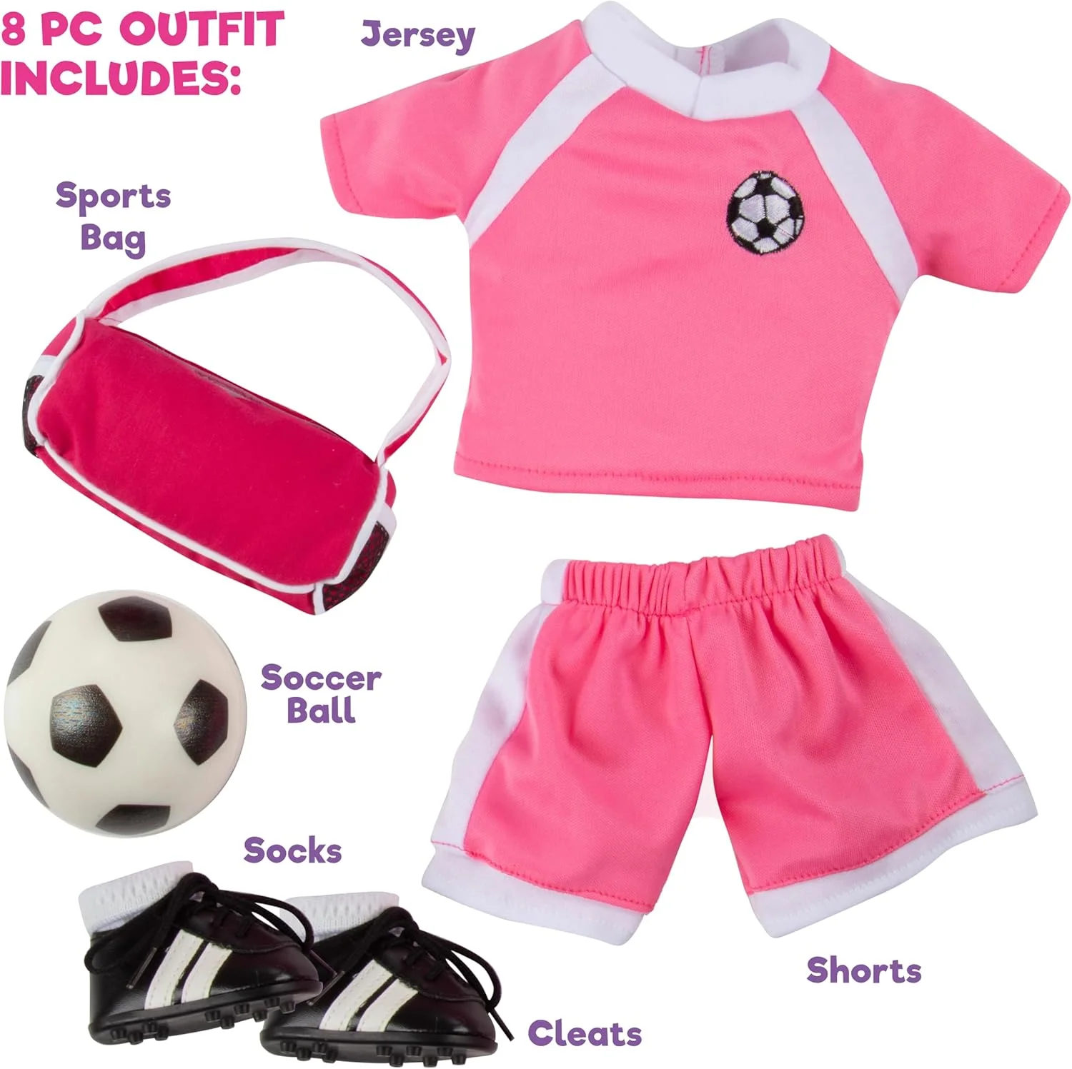 ست لباس فوتبال دالی برای عروسک های امریکن گرل و 18 اینچی - ست 6 تکه لباس شامل شورت، پیراهن، جوراب، استوک، کیف ورزشی و توپ