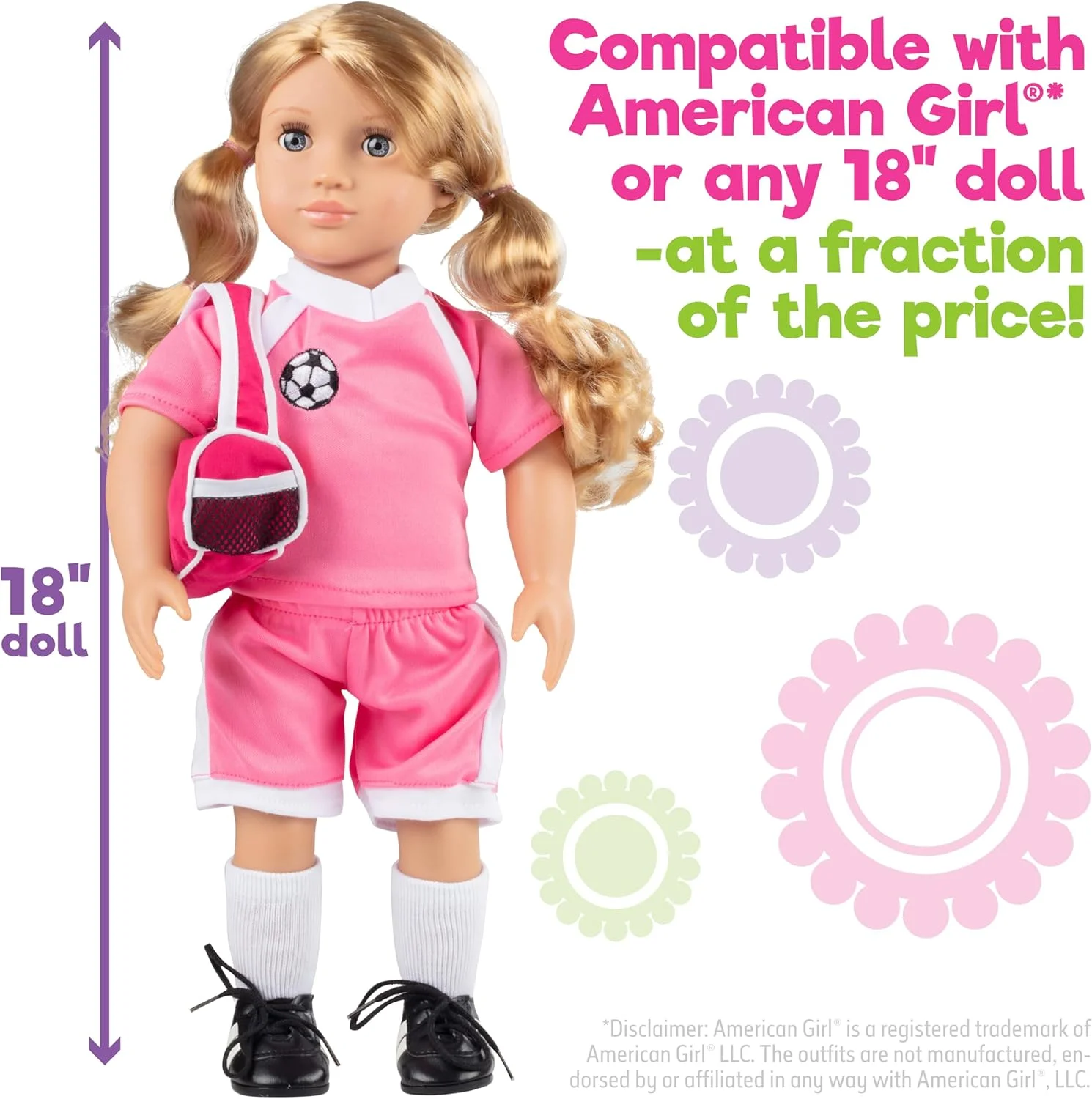 ست لباس فوتبال دالی برای عروسک های امریکن گرل و 18 اینچی - ست 6 تکه لباس شامل شورت، پیراهن، جوراب، استوک، کیف ورزشی و توپ