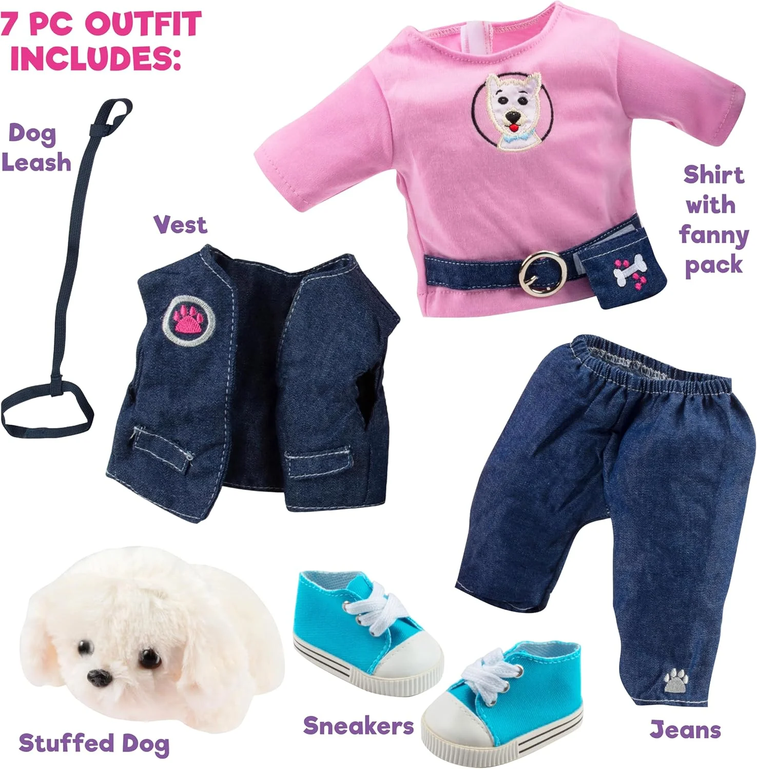 لباس سگ گردان برای عروسک های 18 اینچی امریکن گرل (شامل تی شرت، جلیقه، شلوار، کمربند، کفش، بند سگ)