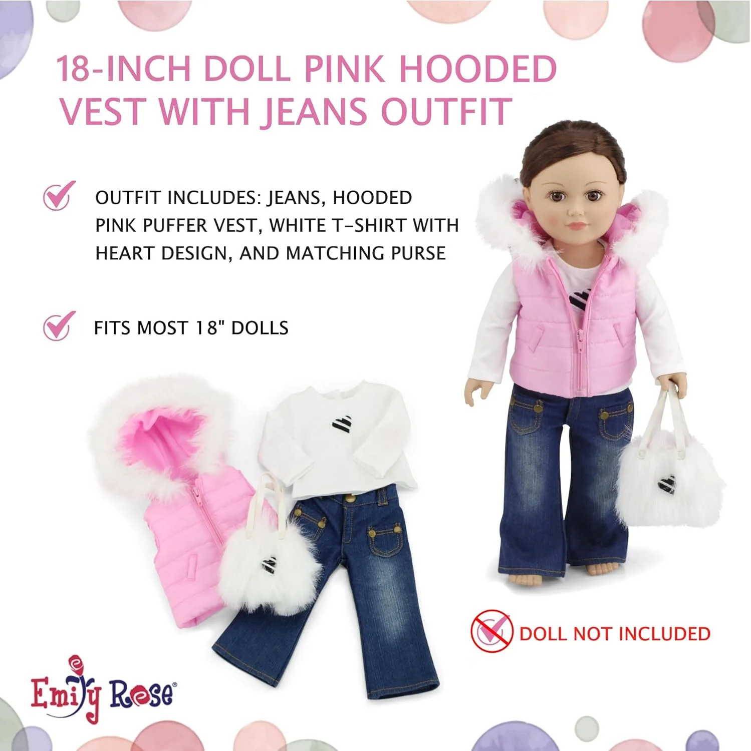 لباس عروسک 18 اینچی امیلی رز، جلیقه کلاه دار پفی صورتی با تزیین خز | لباس مناسب عروسک های امریکن گرل | شامل تی شرت، شلوار جین جذب و کیف لباس عروسک 18 اینچی امیلی رز، جلیقه کلاه دار پفی صورتی با تزیین خز | لباس مناسب عروسک های امریکن گرل | شامل تی شرت، شلوار جین جذب و کیف