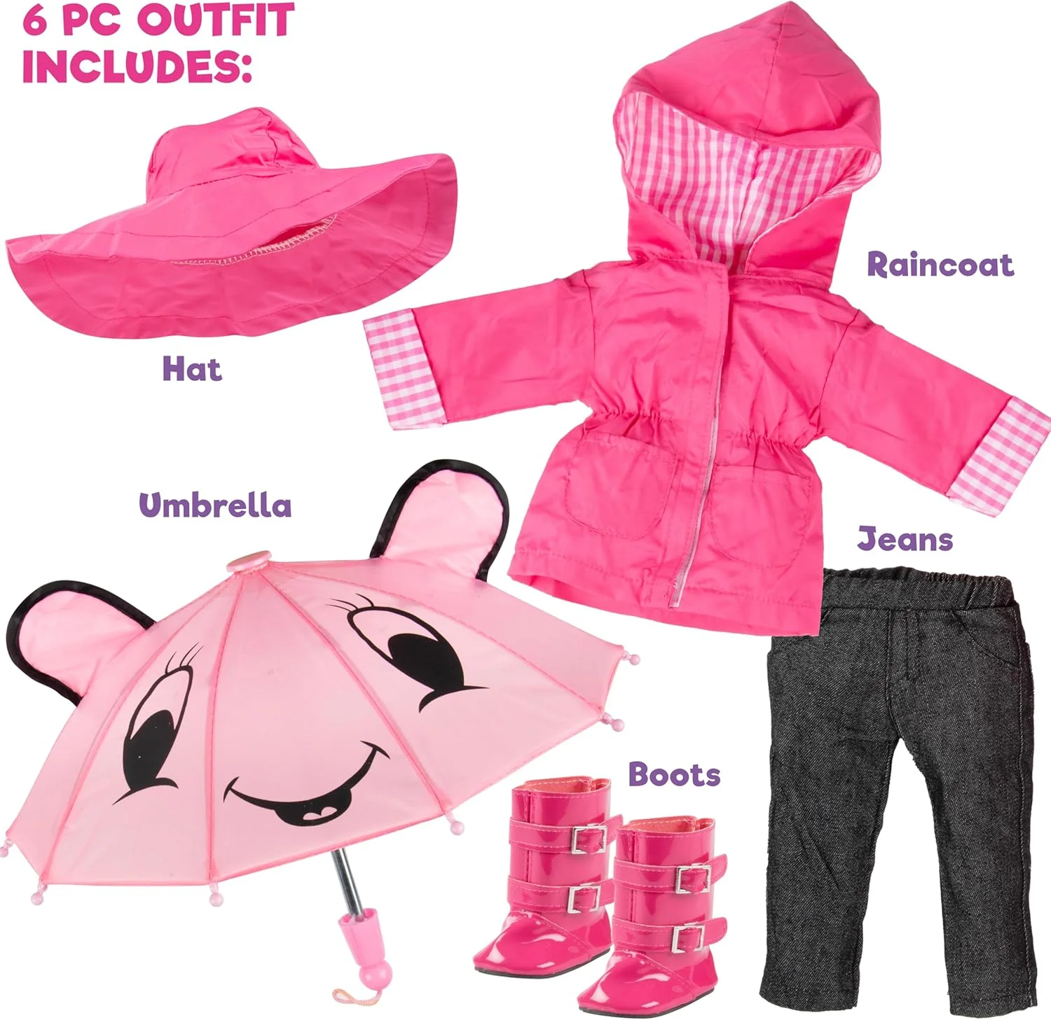 لباس عروسک بارانی Dress Along Dolly برای عروسک های امریکن گرل: شامل ژاکت بارانی، چتر، چکمه، کلاه، شلوار و پیراهن