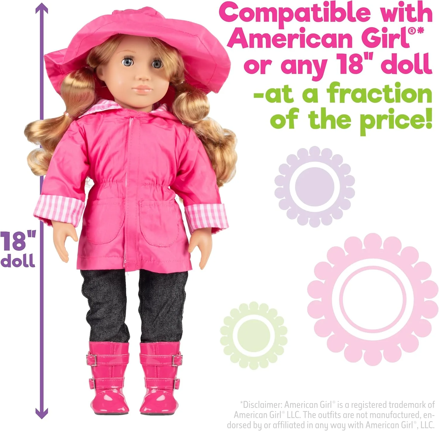 لباس عروسک بارانی Dress Along Dolly برای عروسک های امریکن گرل: شامل ژاکت بارانی، چتر، چکمه، کلاه، شلوار و پیراهن