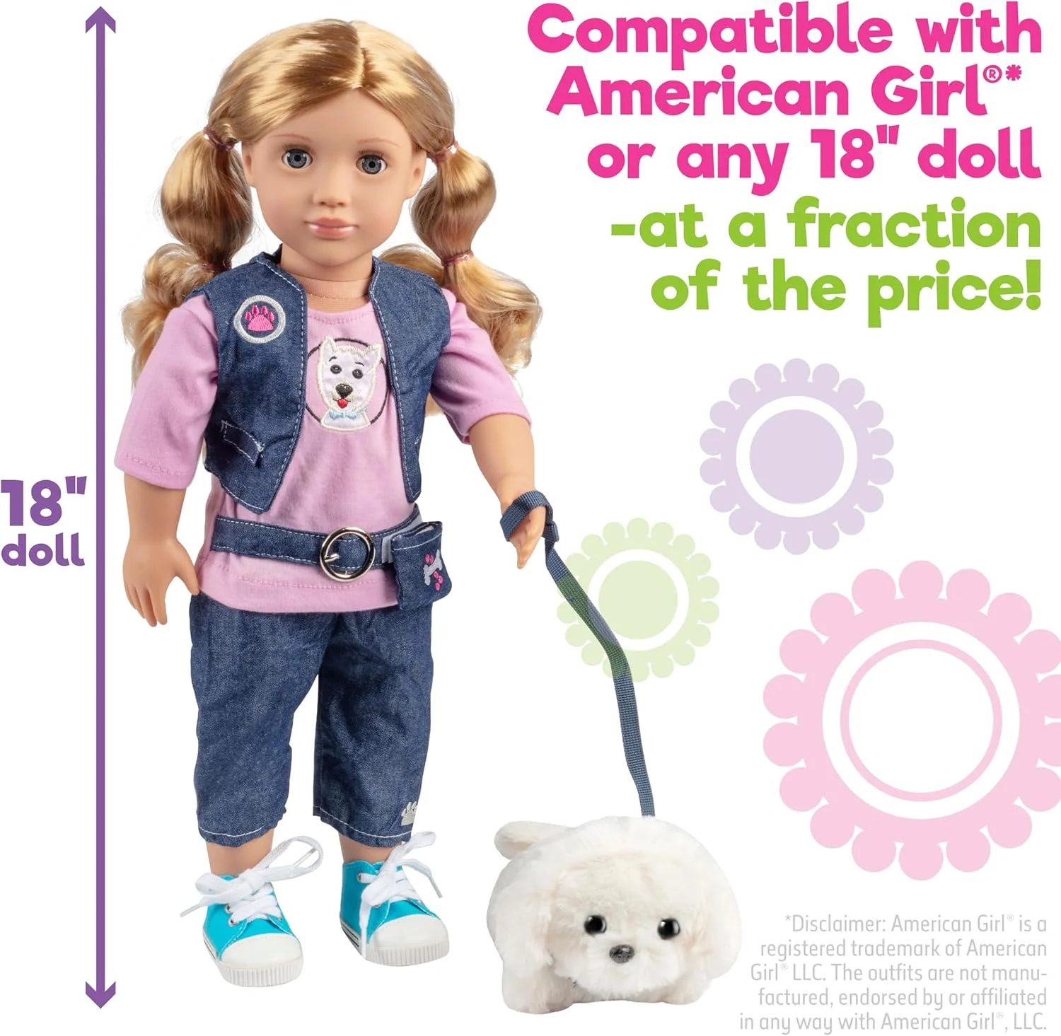 لباس سگ گردان برای عروسک های 18 اینچی امریکن گرل (شامل تی شرت، جلیقه، شلوار، کمربند، کفش، بند سگ)