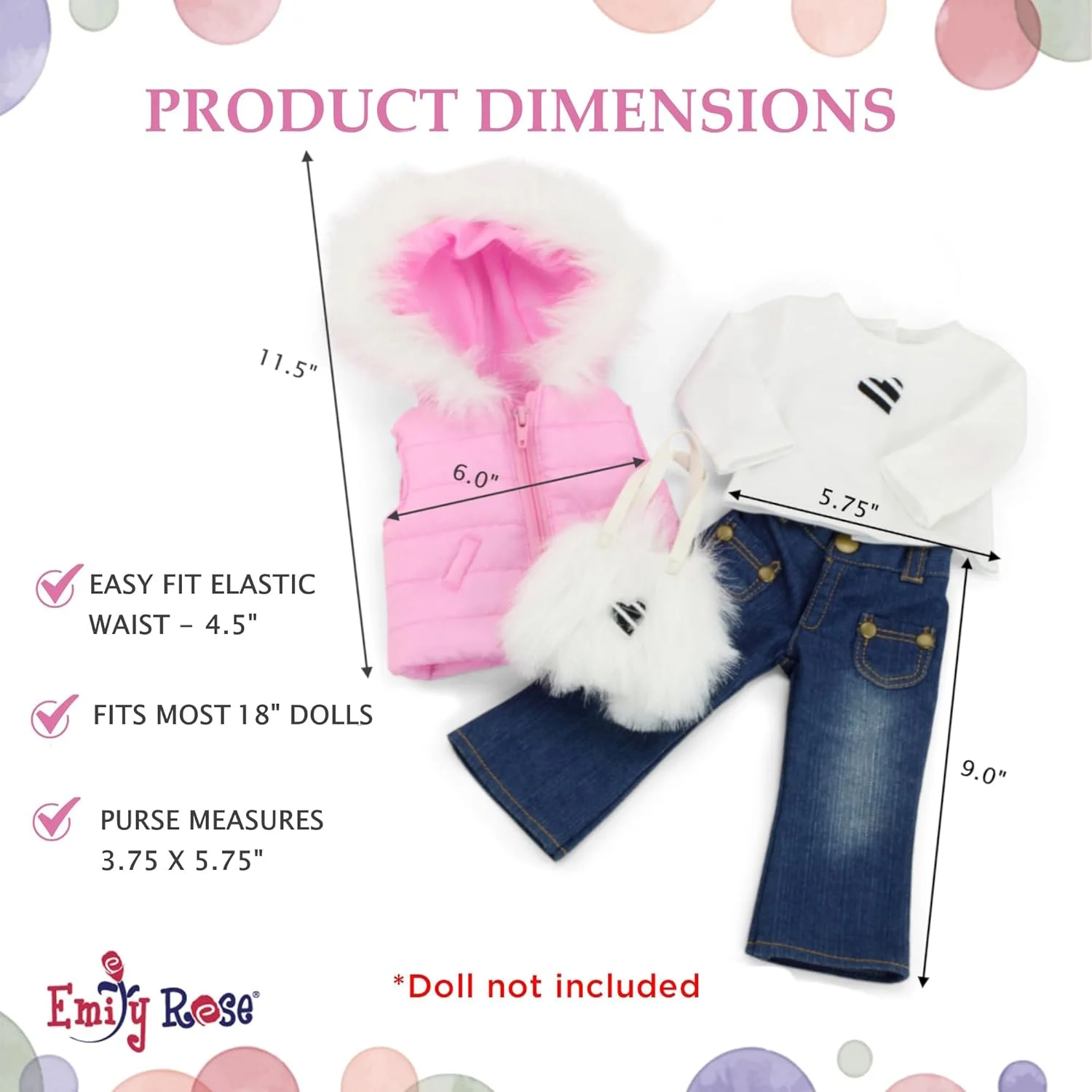 لباس عروسک 18 اینچی امیلی رز، جلیقه کلاه دار پفی صورتی با تزیین خز | لباس مناسب عروسک های امریکن گرل | شامل تی شرت، شلوار جین جذب و کیف لباس عروسک 18 اینچی امیلی رز، جلیقه کلاه دار پفی صورتی با تزیین خز | لباس مناسب عروسک های امریکن گرل | شامل تی شرت، شلوار جین جذب و کیف