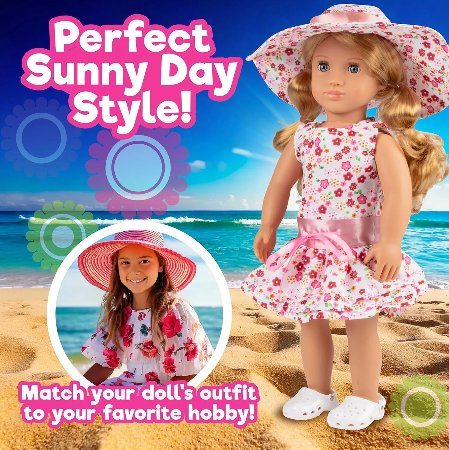 لباس خال خالی آفتابی Dress Along Dolly برای عروسک های 18 اینچی - (شامل لباس، کلاه و صندل) لباس خال خالی آفتابی Dress Along Dolly برای عروسک های 18 اینچی - (شامل لباس، کلاه و صندل)