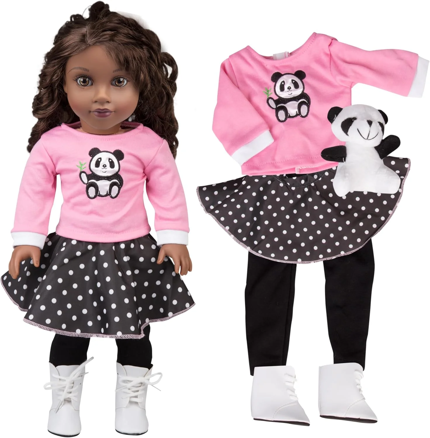 ست لباس دامن پودل 5 تکه با پولیش پاندا - لباس و لوازم جانبی عروسک 18 اینچی سازگار با عروسک های امریکن گرل - شامل پیراهن، دامن، ساق، کفش و پاندا حیوان خانگی - هدیه ای عالی برای دختران