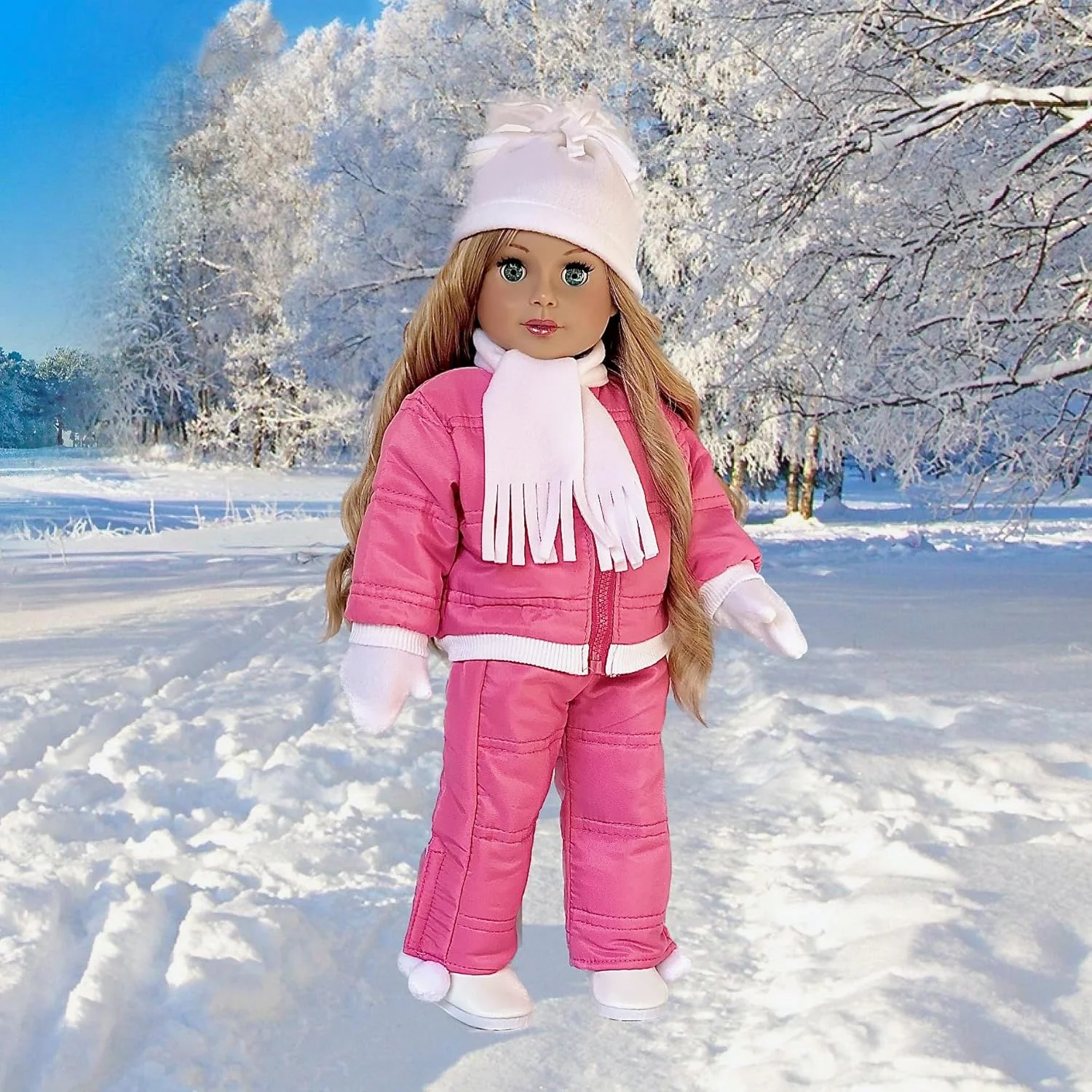 مجموعه DreamWorld Let It Snow - ست کامل 7 تکه لباس اسکی - شامل شلوار صورتی، ژاکت، یقه اسکی سفید، کلاه، شال گردن، دستکش و چکمه - لباس عروسک 18 اینچی (عروسک شامل نمی شود)