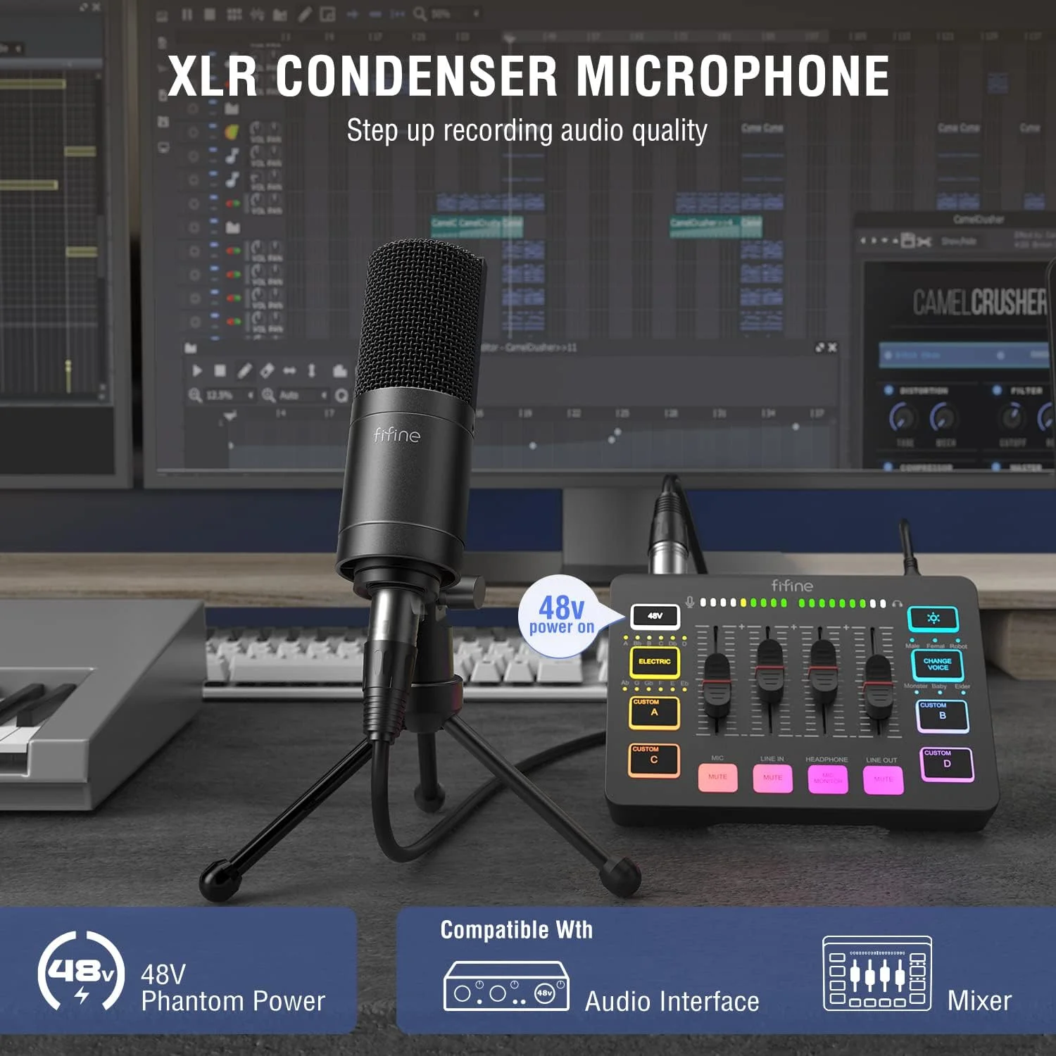میکروفون XLR FIFINE، میکروفون کاندنسر پادکست برای ضبط صدا، میکروفون استودیویی کاردیوئید، جنس فلزی، مشکی-K669C میکروفون XLR FIFINE، میکروفون کاندنسر پادکست برای ضبط صدا، میکروفون استودیویی کاردیوئید، جنس فلزی، مشکی-K669C