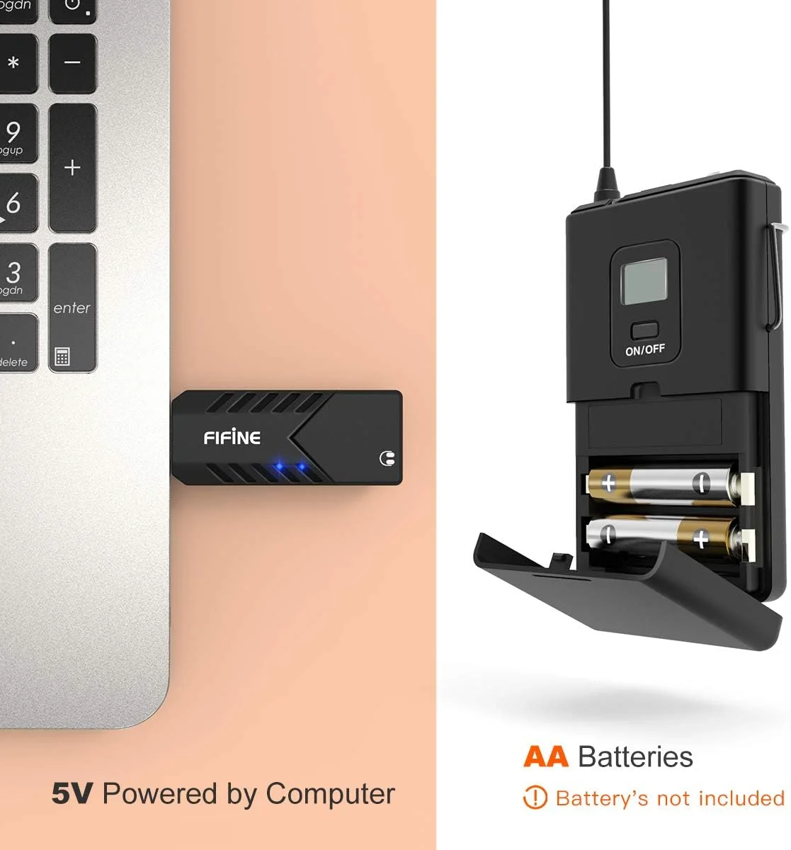 میکروفون های بی سیم FIFINE با گیرنده USB، فرستنده، هدست و میکروفون یقه ای کلیپسی برای کامپیوتر (K031B)