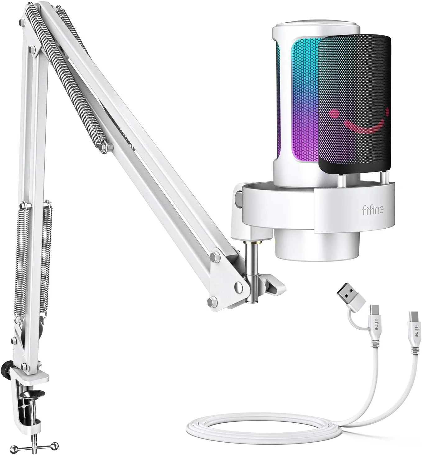 کیت میکروفون USB مخصوص بازی FIFINE، میکروفون RGB کاندنسر با بازوی فلزی، دکمه قطع صدا، دکمه تنظیم گین، مانیتورینگ هدفون، بسته میکروفون استریمینگ برای PS4/PS5، یوتیوب، دیسکورد، توییچ - A8T سفید