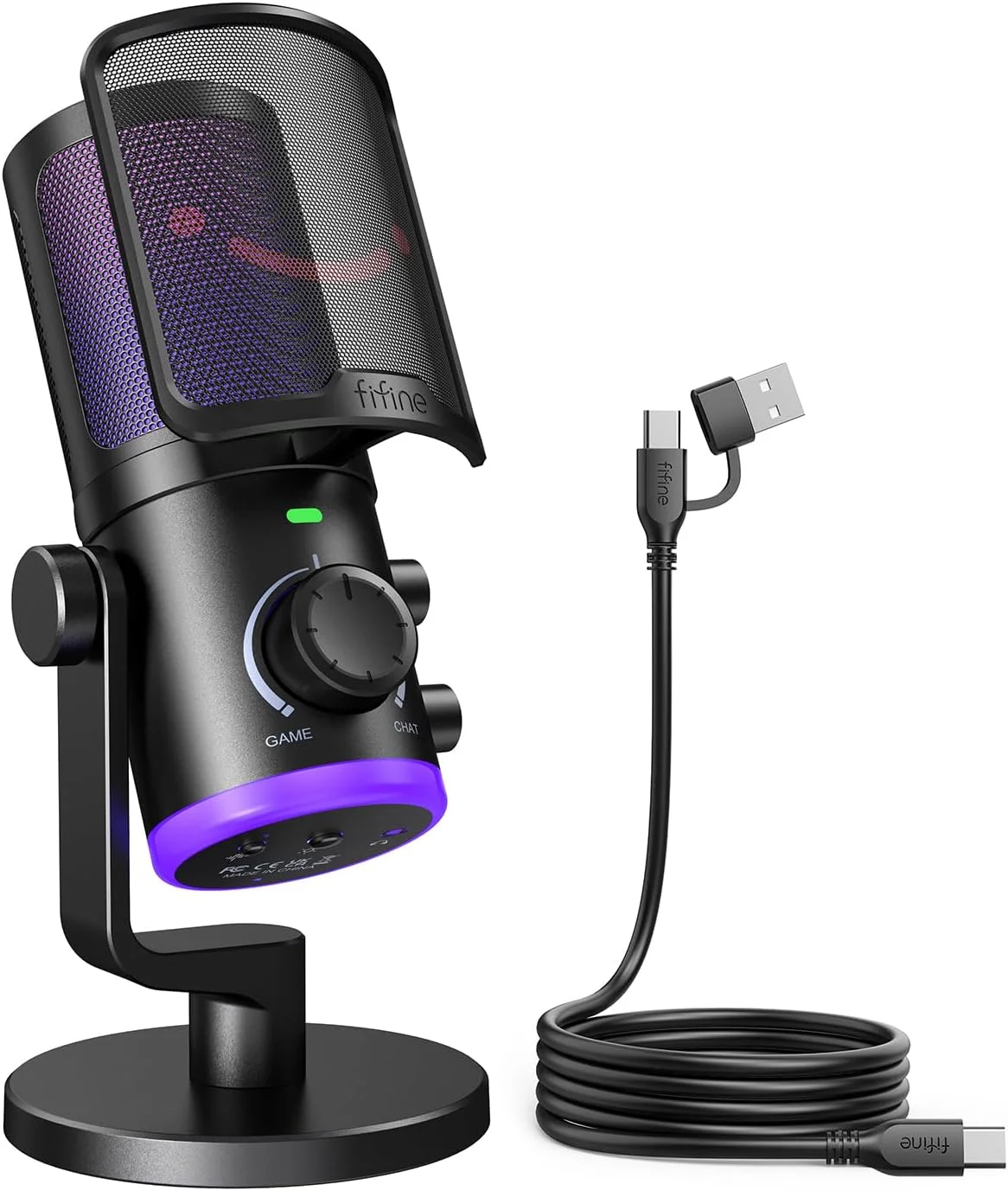 میکروفون USB کاندنسر FIFINE برای بازی/چت، میکروفون گیمینگ PC یک طرفه با نورپردازی RGB، کنترل صدا، دکمه قطع صدا، حذف نویز، استریم زنده دیسکورد برای ویندوز، مک، PS4، PS5