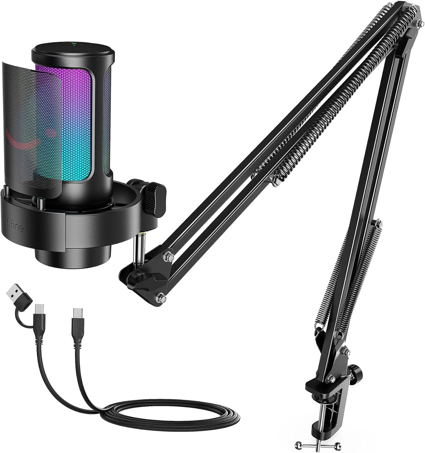 کیت میکروفون گیمینگ USB FIFINE، میکروفون استریمینگ کامپیوتر با نورهای RGB، قطع صدا، دکمه تنظیم گین، بازوی بوم فلزی برای ضبط پادکست، مجموعه میکروفون کاندنسر کامپیوتر سازگار با PS4/PS5-AmpliGame A8T