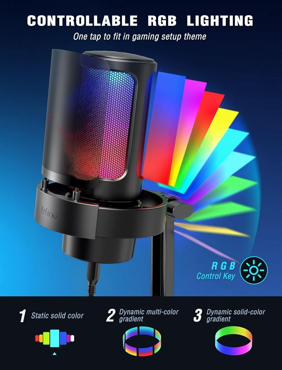 میکروفون USB FIFINE برای کامپیوتر، میکروفون گیمینگ برای استریم پادکست استودیو، میکروفون USBC برای PS4 PS5 MAC با کنترل RGB، کلید قطع صدا، جک هدفون، پاپ فیلتر