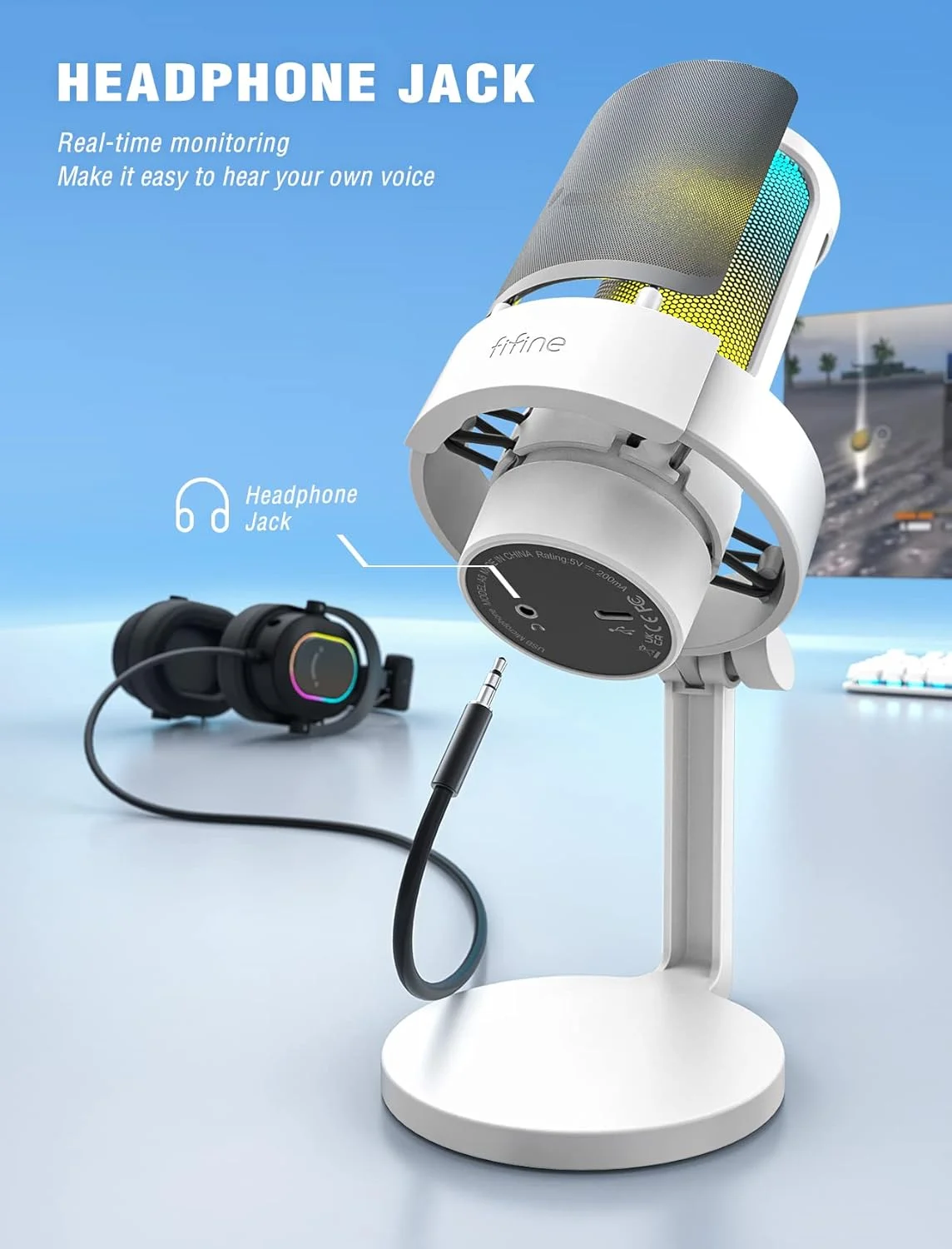 میکروفون USB RGB کامپیوتر گیمینگ FIFINE برای پخش زنده، جلسات، پادکست، ویدیو، میکروفون کندانسور با جک هدفون مانیتورینگ، کنترل نور، برای MAC OS/Windows-AmpliGame A8 سفید