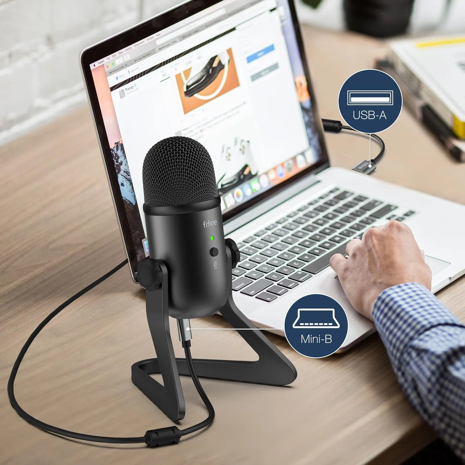 میکروفون USB پادکست FIFINE برای ضبط و استریم روی PC و Mac، میکروفون گیمینگ کامپیوتر کندانسور برای PS4. خروجی هدفون و کنترل صدا، کنترل گین میکروفون، دکمه Mute برای وکال، یوتیوب (K678)