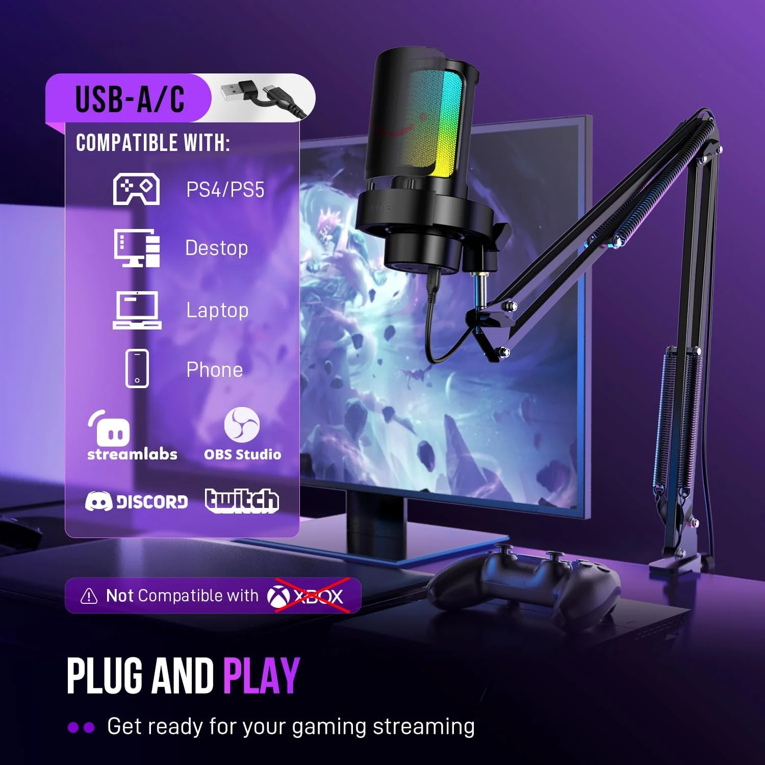 کیت میکروفون گیمینگ USB FIFINE، میکروفون استریمینگ کامپیوتر با نورهای RGB، قطع صدا، دکمه تنظیم گین، بازوی بوم فلزی برای ضبط پادکست، مجموعه میکروفون کاندنسر کامپیوتر سازگار با PS4/PS5-AmpliGame A8T کیت میکروفون گیمینگ USB FIFINE، میکروفون استریمینگ کامپیوتر با نورهای RGB، قطع صدا، دکمه تنظیم گین، بازوی بوم فلزی برای ضبط پادکست، مجموعه میکروفون کاندنسر کامپیوتر سازگار با PS4/PS5-AmpliGame A8T