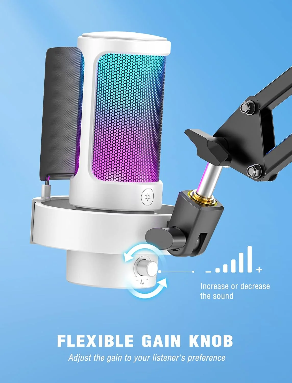 میکروفون USB RGB کامپیوتر گیمینگ FIFINE برای پخش زنده، جلسات، پادکست، ویدیو، میکروفون کندانسور با جک هدفون مانیتورینگ، کنترل نور، برای MAC OS/Windows-AmpliGame A8 سفید
