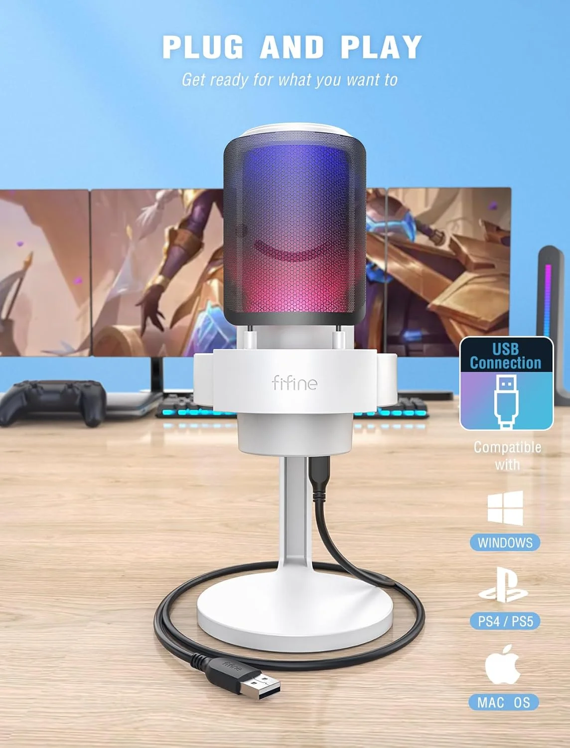 میکروفون USB RGB کامپیوتر گیمینگ FIFINE برای پخش زنده، جلسات، پادکست، ویدیو، میکروفون کندانسور با جک هدفون مانیتورینگ، کنترل نور، برای MAC OS/Windows-AmpliGame A8 سفید
