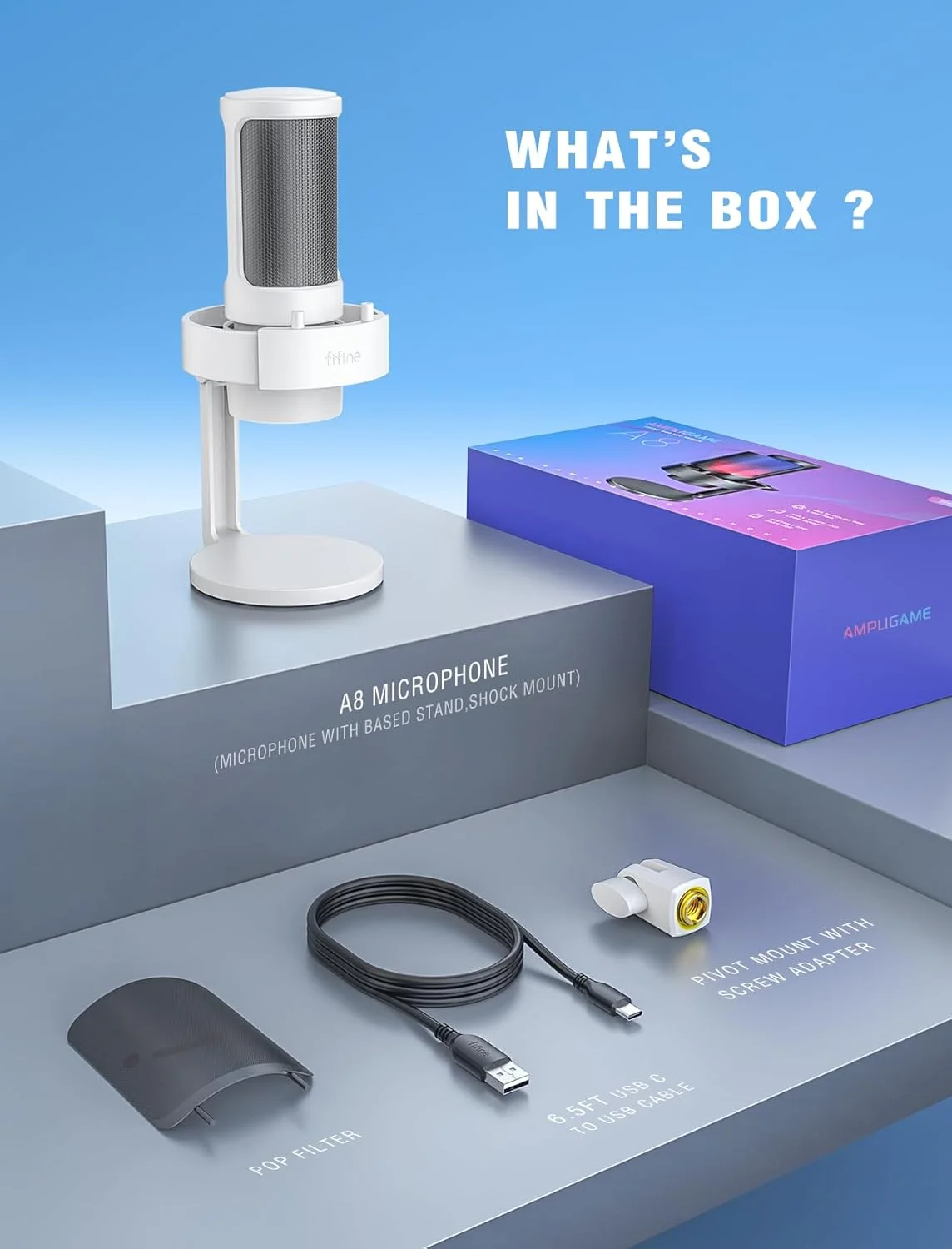 میکروفون USB RGB کامپیوتر گیمینگ FIFINE برای پخش زنده، جلسات، پادکست، ویدیو، میکروفون کندانسور با جک هدفون مانیتورینگ، کنترل نور، برای MAC OS/Windows-AmpliGame A8 سفید