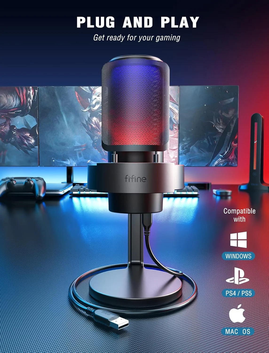 میکروفون USB FIFINE برای کامپیوتر، میکروفون گیمینگ برای استریم پادکست استودیو، میکروفون USBC برای PS4 PS5 MAC با کنترل RGB، کلید قطع صدا، جک هدفون، پاپ فیلتر
