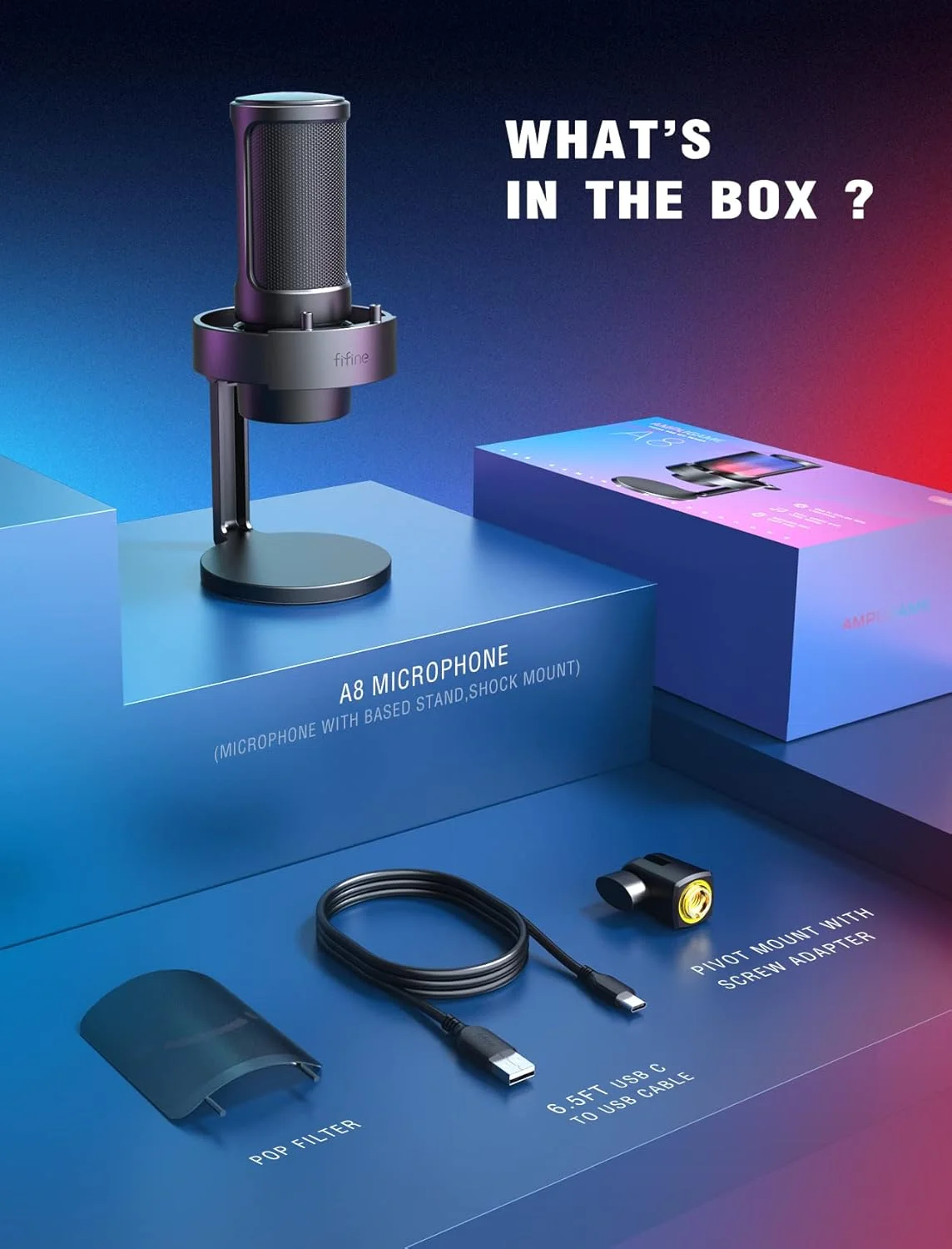 میکروفون USB FIFINE برای کامپیوتر، میکروفون گیمینگ برای استریم پادکست استودیو، میکروفون USBC برای PS4 PS5 MAC با کنترل RGB، کلید قطع صدا، جک هدفون، پاپ فیلتر
