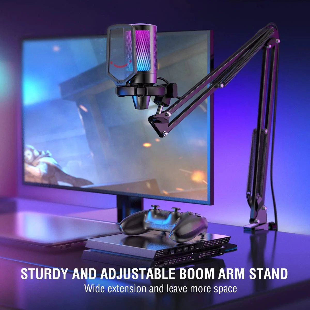 کیت میکروفون گیمینگ USB FIFINE، میکروفون کندانسور RGB برای PC PS5، با دکمه سکوت، پایه ضد ضربه، نگهدارنده میکروفون، پاپ فیلتر، برای استریمینگ دیسکورد پادکست